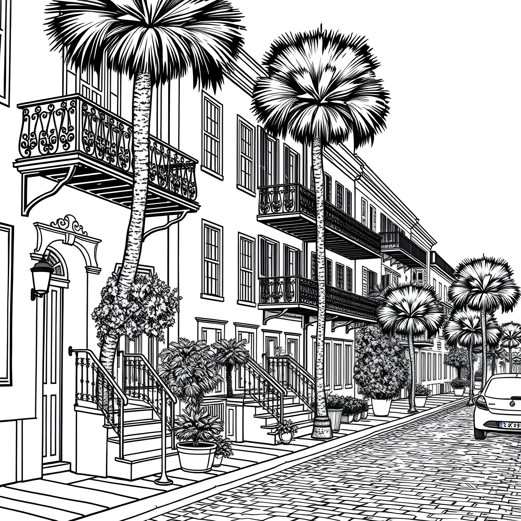 House with palm trees and pom pom plants on a city street Coloring Page (free black-and-white line drawing printable PDF for all, from beginners to advanced learners, including children, teens, adults, and seniors)
