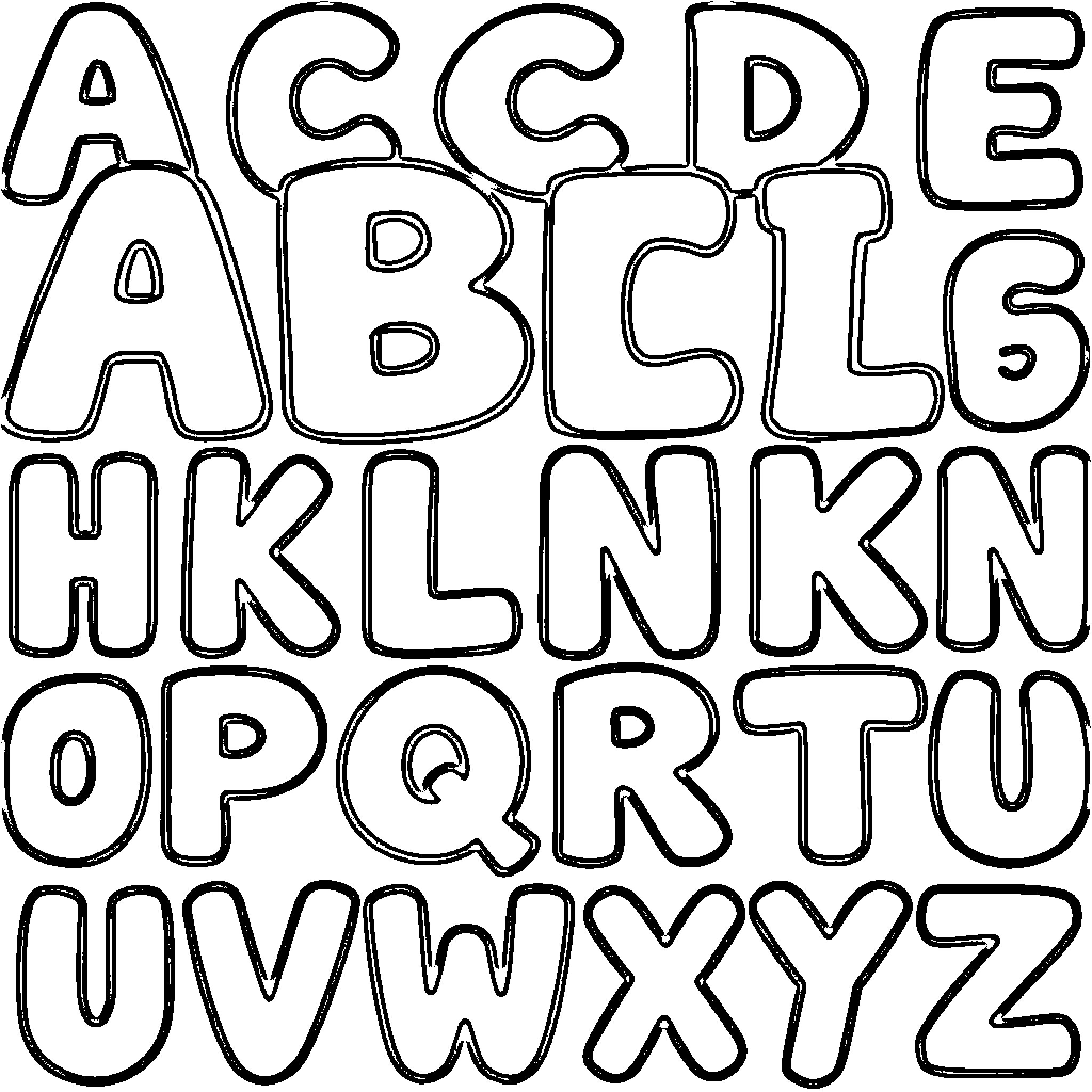 Alphabet of whimsical letter forms Coloring Page (free black-and-white line drawing printable PDF for all, from beginners to advanced learners, including children, teens, adults, and seniors)
