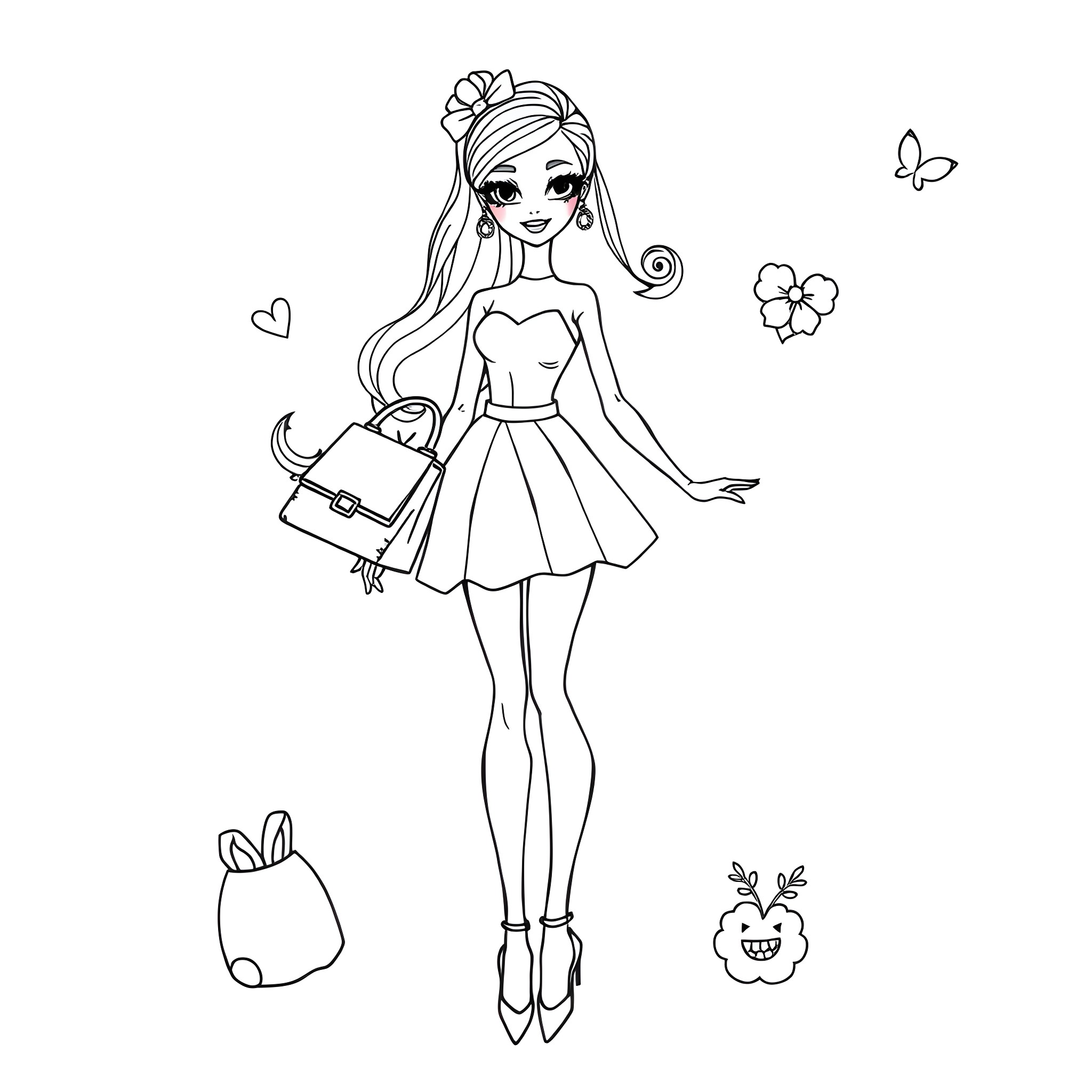 Barbie in a Fashionable Dress with Accessories Coloring Page (free black-and-white line drawing printable PDF for all, from beginners to advanced learners, including children, teens, adults, and seniors)
