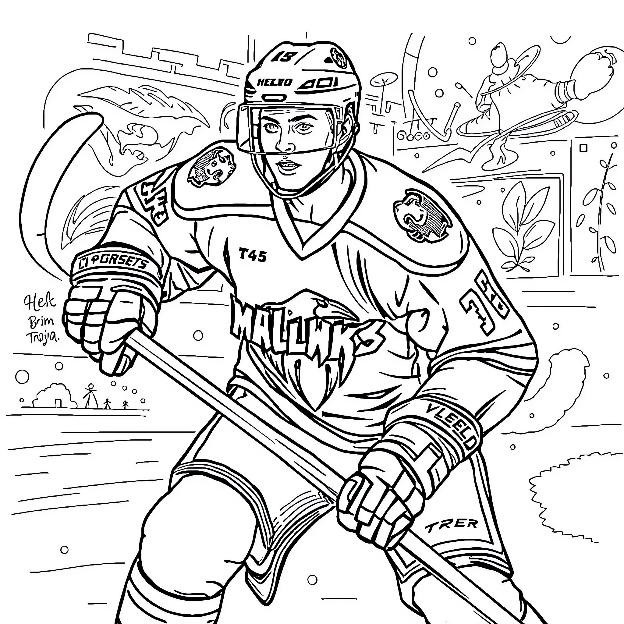 Hockey Player in Action on the Ice Rink Coloring Page (free black-and-white line drawing printable PDF for all, from beginners to advanced learners, including children, teens, adults, and seniors)