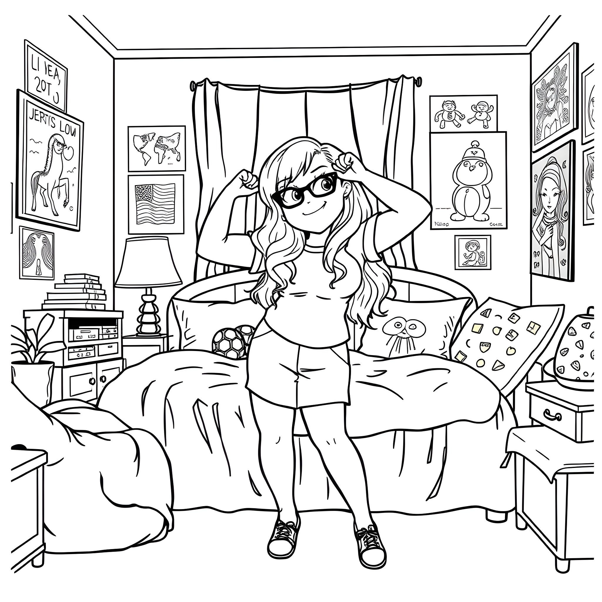 Meg Griffin's Cozy Bedroom Retreat Coloring Page (free black-and-white line drawing printable PDF for all, from beginners to advanced learners, including children, teens, adults, and seniors)