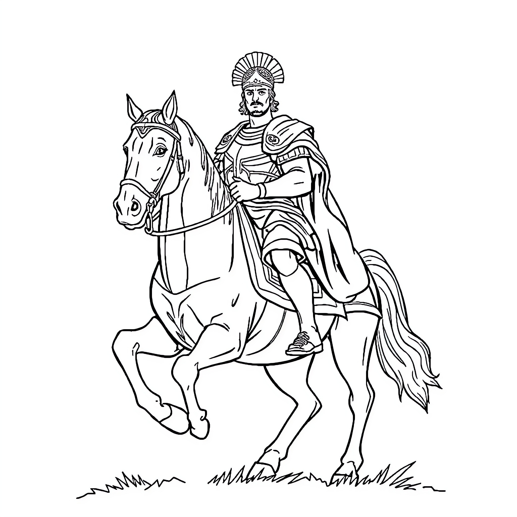 Alexander the Great on Horseback in Battle Attire Coloring Page (free black-and-white line drawing printable PDF for all, from beginners to advanced learners, including children, teens, adults, and seniors)