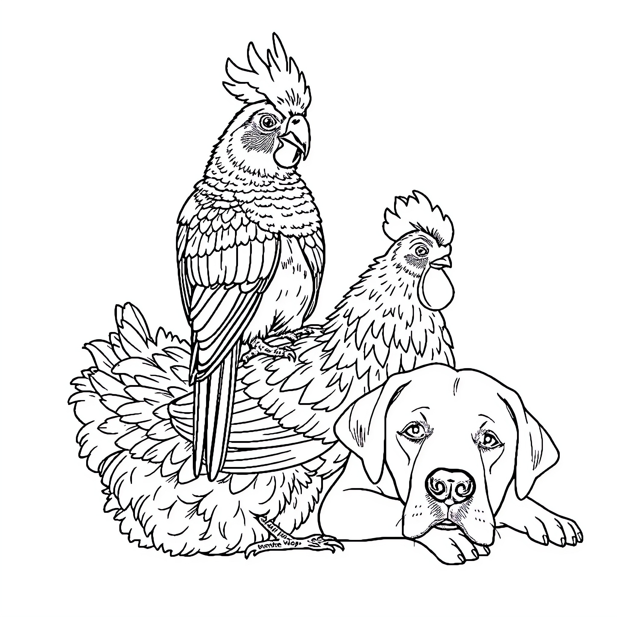 Cockatiel pair perched with loyal canine companion Coloring Page (free black-and-white line drawing printable PDF for all, from beginners to advanced learners, including children, teens, adults, and seniors)
