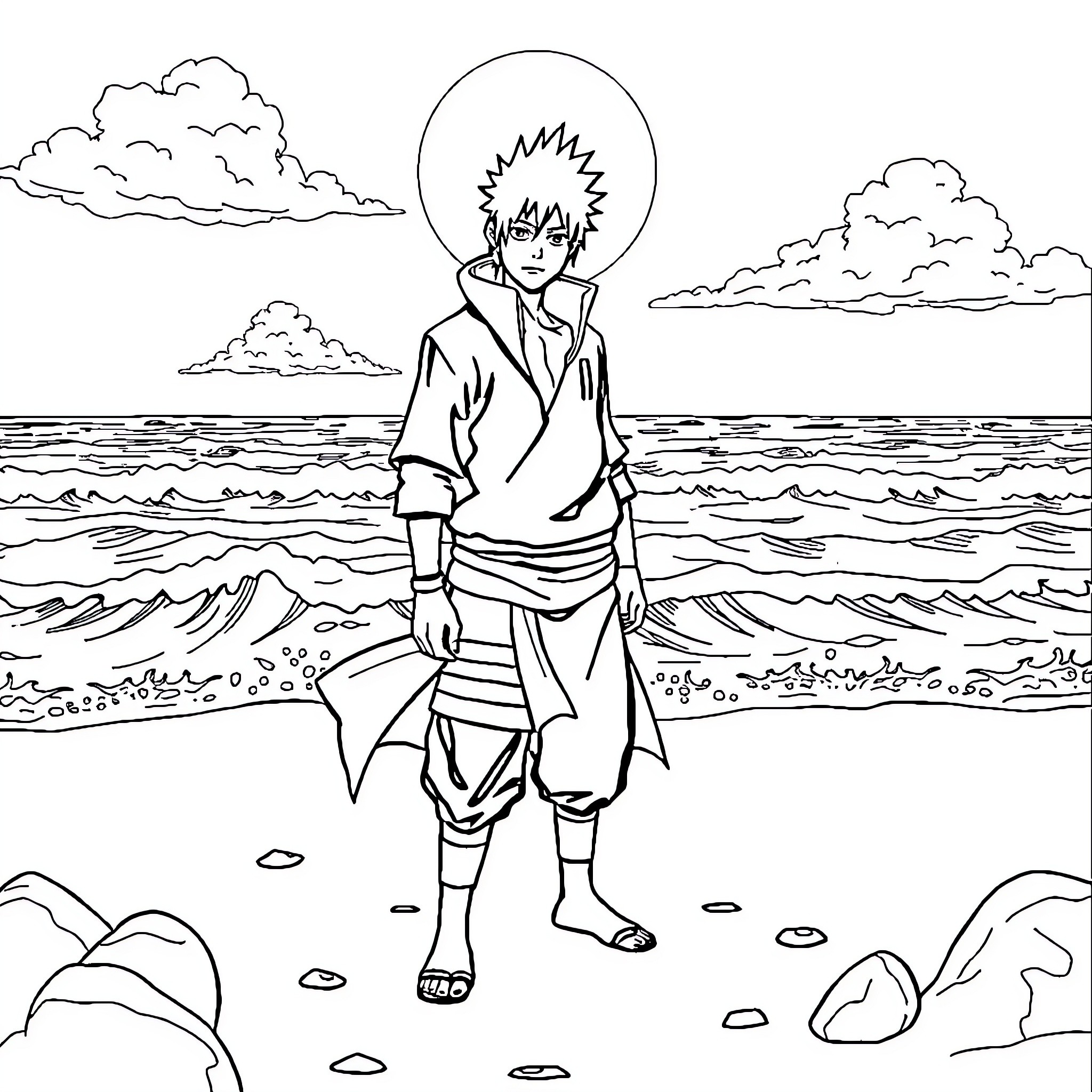 Sasuke standing resolute on the beach Coloring Page (free black-and-white line drawing printable PDF for all, from beginners to advanced learners, including children, teens, adults, and seniors)