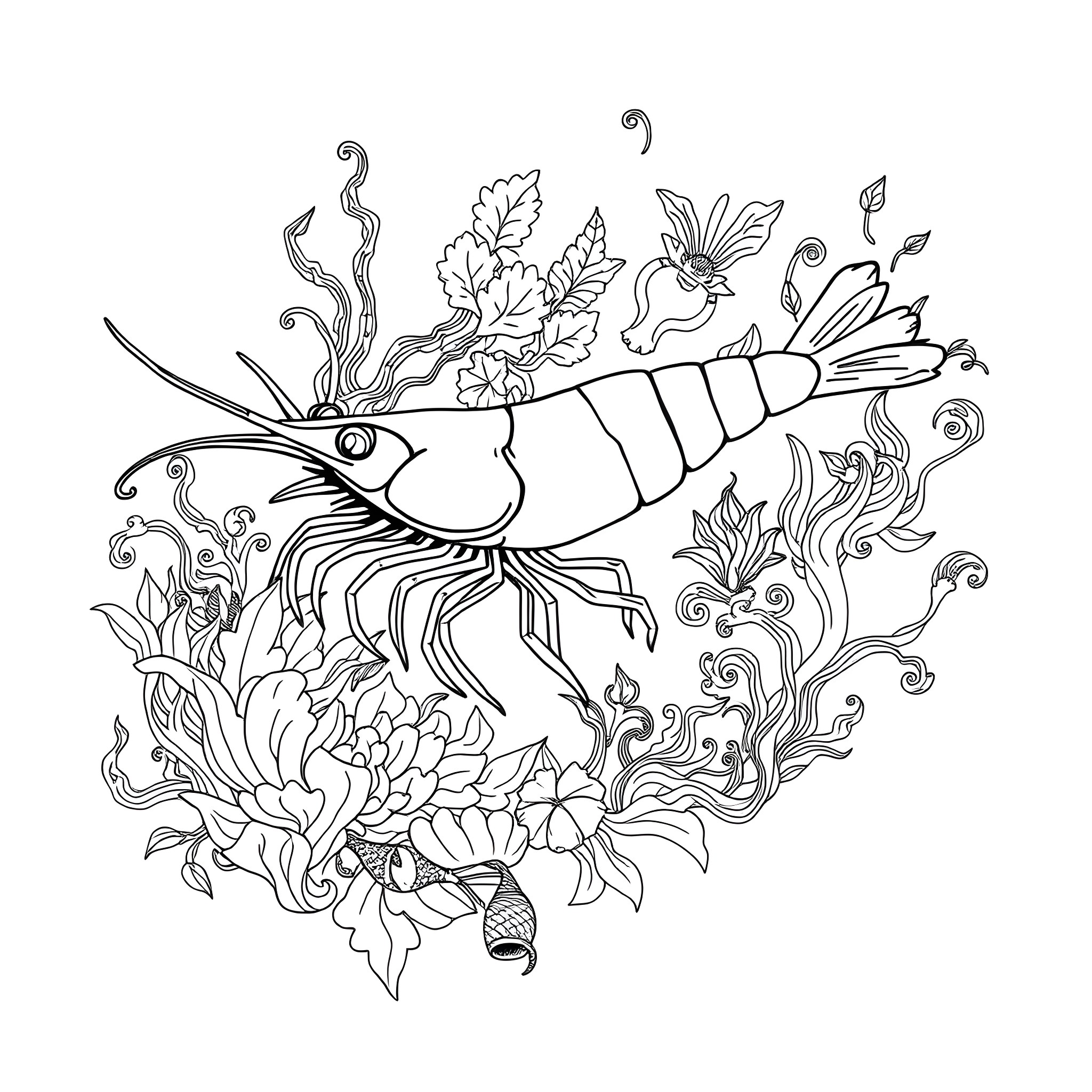 Shrimp surrounded by intricate floral patterns Coloring Page (free black-and-white line drawing printable PDF for all, from beginners to advanced learners, including children, teens, adults, and seniors)