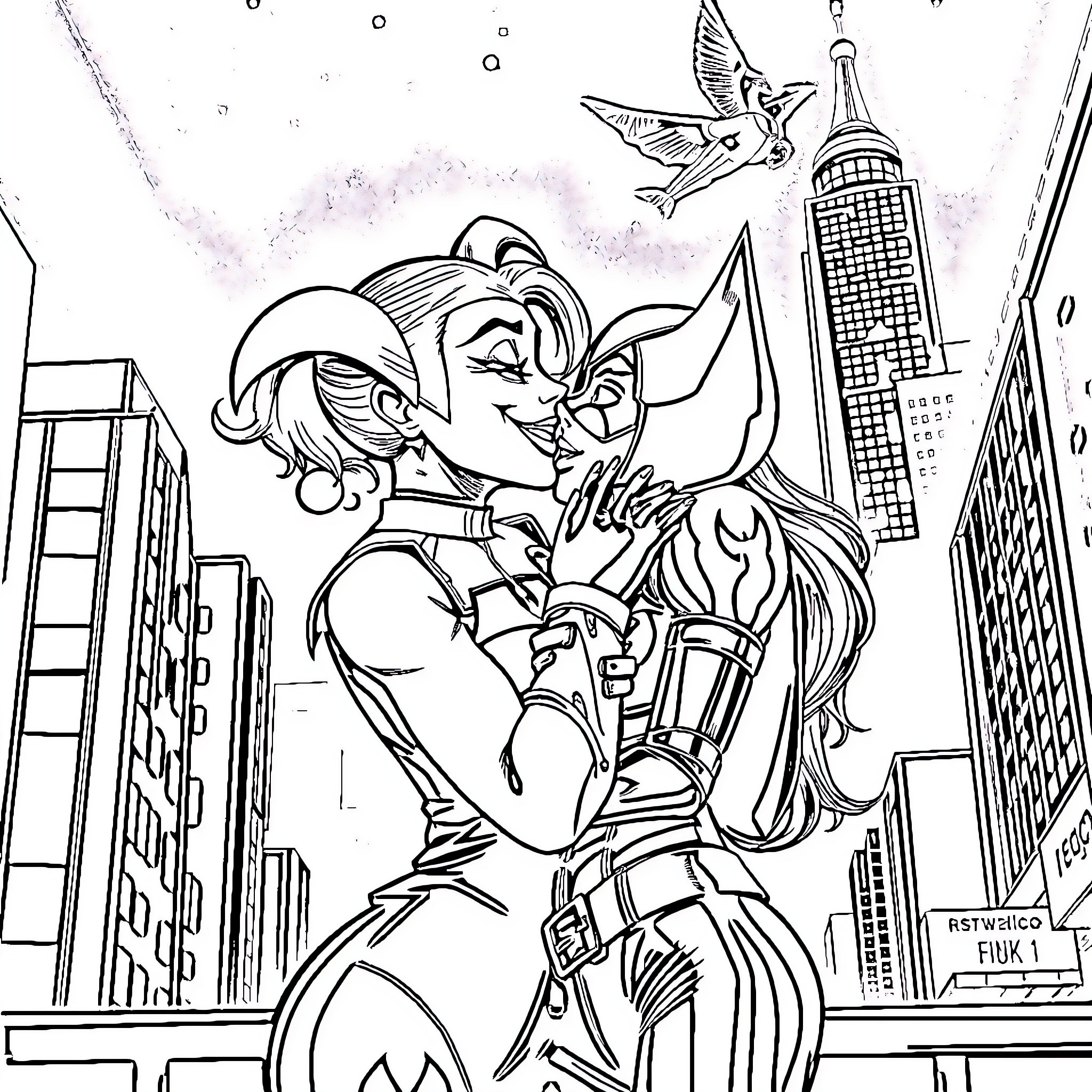 Harley Quinn in Action-Packed City Landscape Coloring Page (free black-and-white line drawing printable PDF for all, from beginners to advanced learners, including children, teens, adults, and seniors)