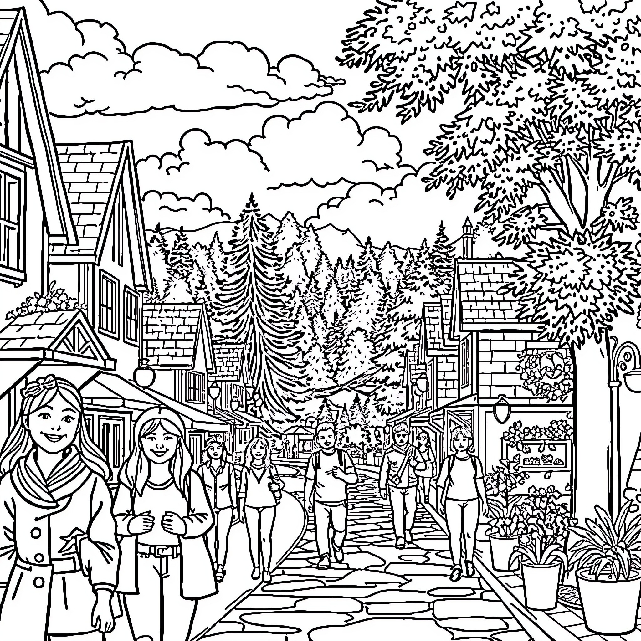 Village Scene with People Strolling Down the Street Coloring Page (free black-and-white line drawing printable PDF for all, from beginners to advanced learners, including children, teens, adults, and seniors)