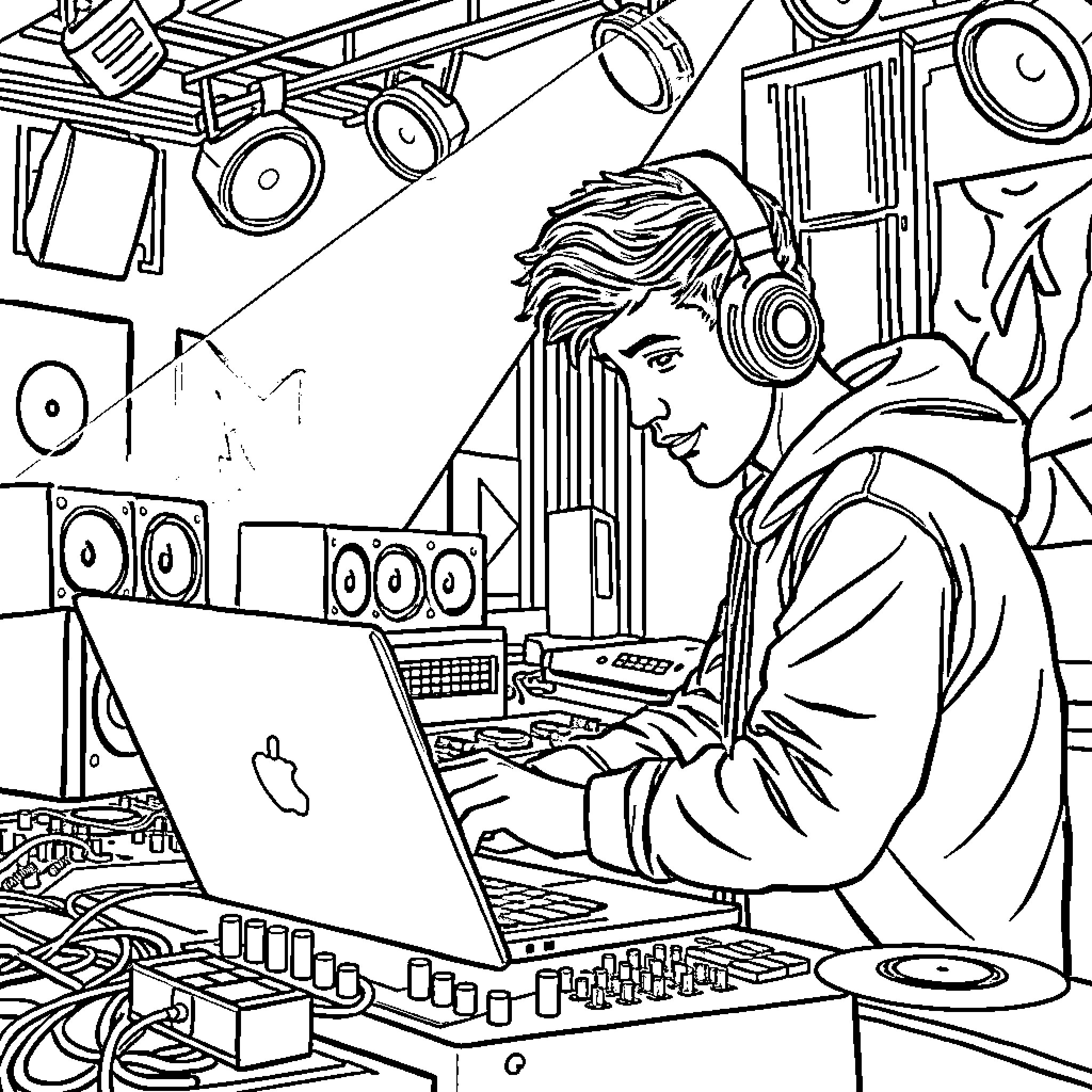 Music Producer working diligently in recording studio Coloring Page (free black-and-white line drawing printable PDF for all, from beginners to advanced learners, including children, teens, adults, and seniors)