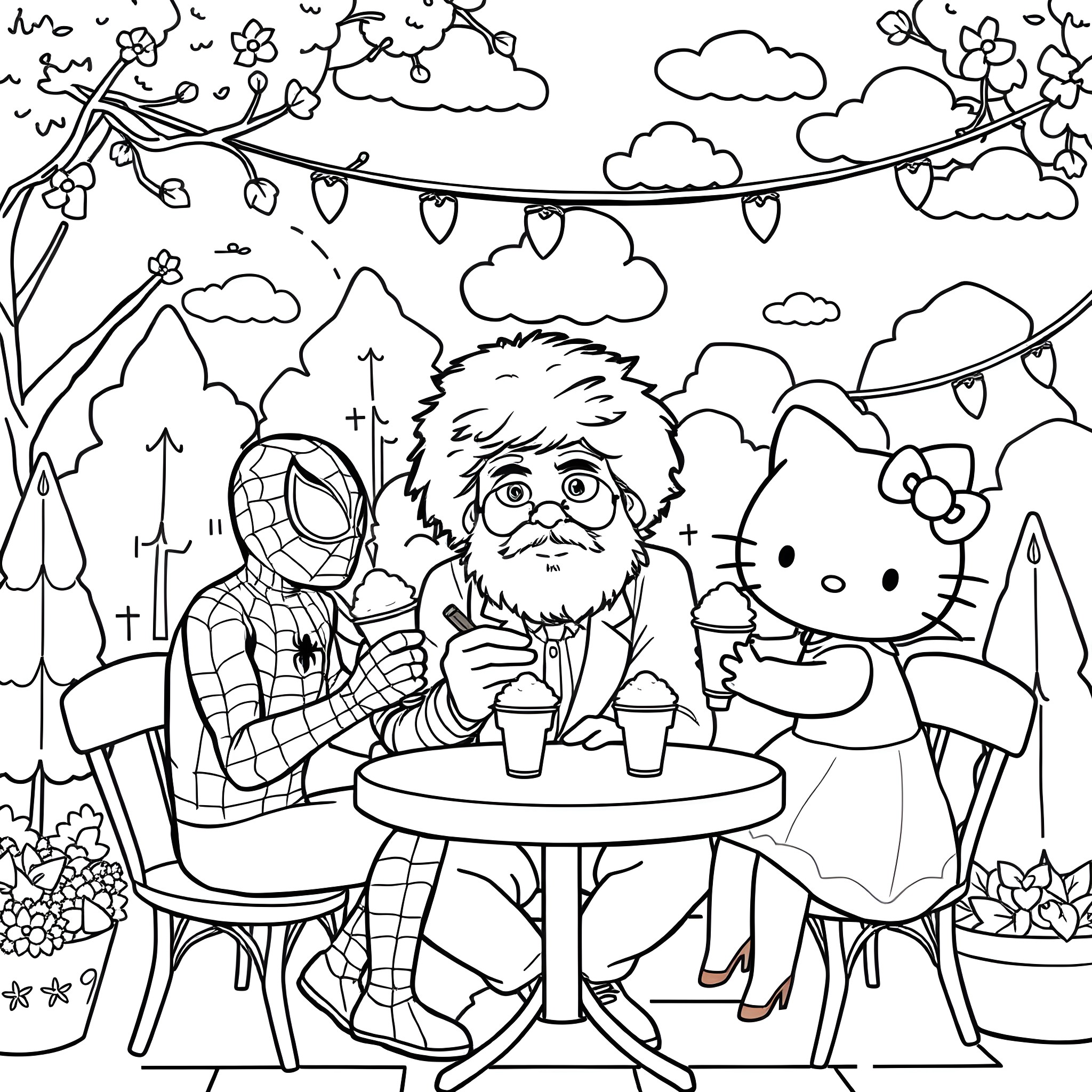 Spiderman, Bigfoot, and Hello Kitty enjoying a picnic outdoors Coloring Page (free black-and-white line drawing printable PDF for all, from beginners to advanced learners, including children, teens, adults, and seniors)