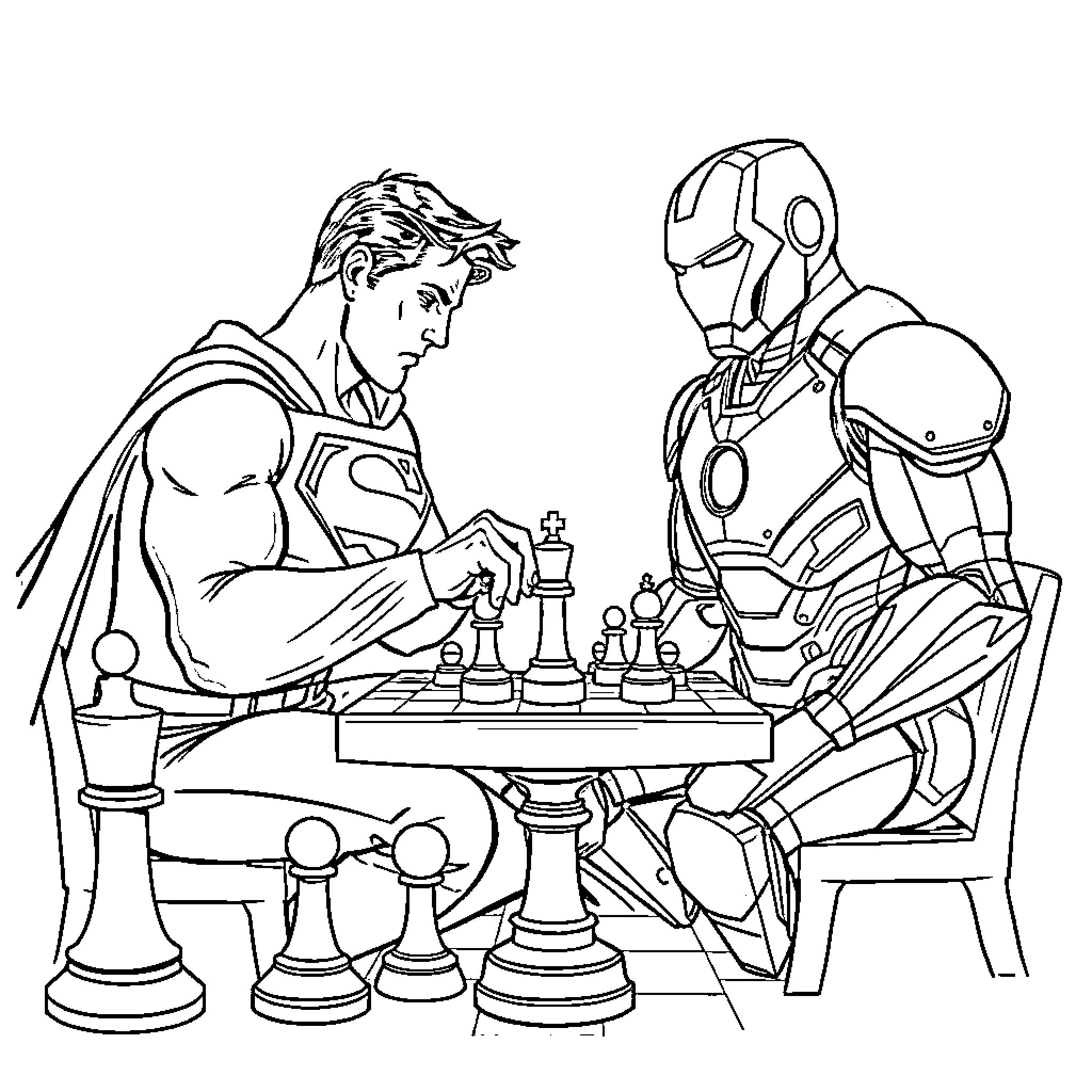 Superman Playing Chess with Iron Man Coloring Page (free black-and-white line drawing printable PDF for all, from beginners to advanced learners, including children, teens, adults, and seniors)