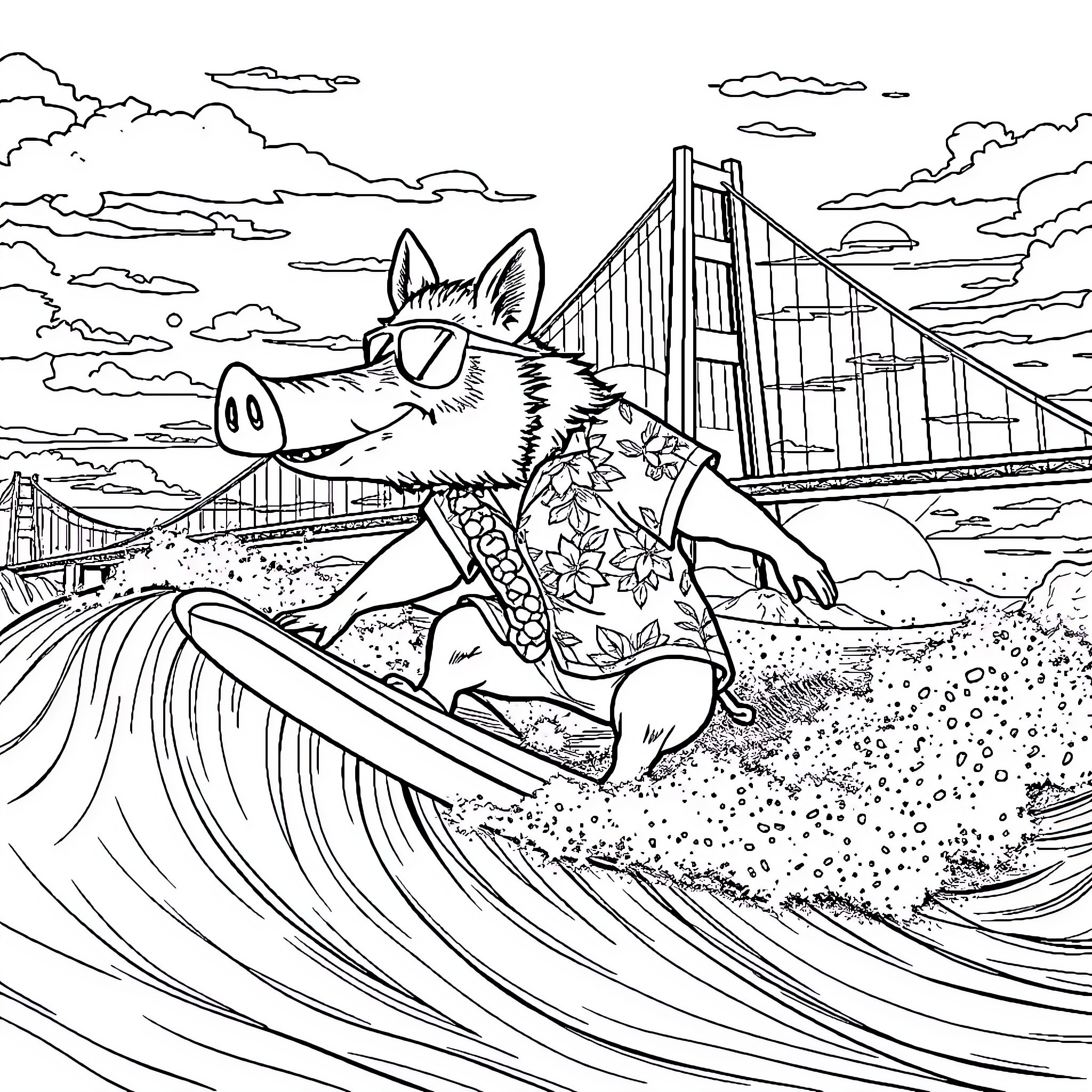Surfer pig riding a wave near the Golden Gate Bridge Coloring Page (free black-and-white line drawing printable PDF for all, from beginners to advanced learners, including children, teens, adults, and seniors)