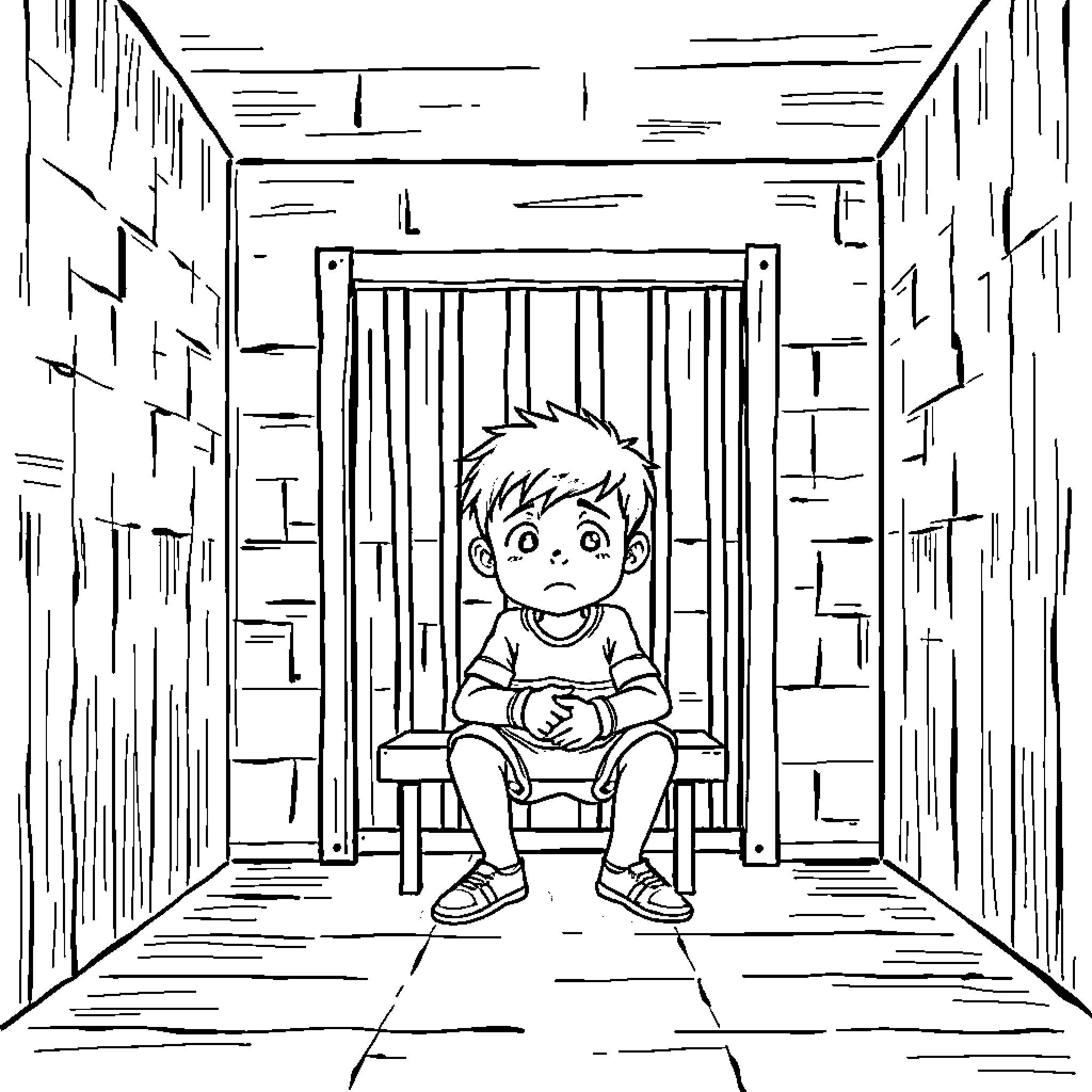 Child sitting alone in a dark hallway Coloring Page (free black-and-white line drawing printable PDF for all, from beginners to advanced learners, including children, teens, adults, and seniors)