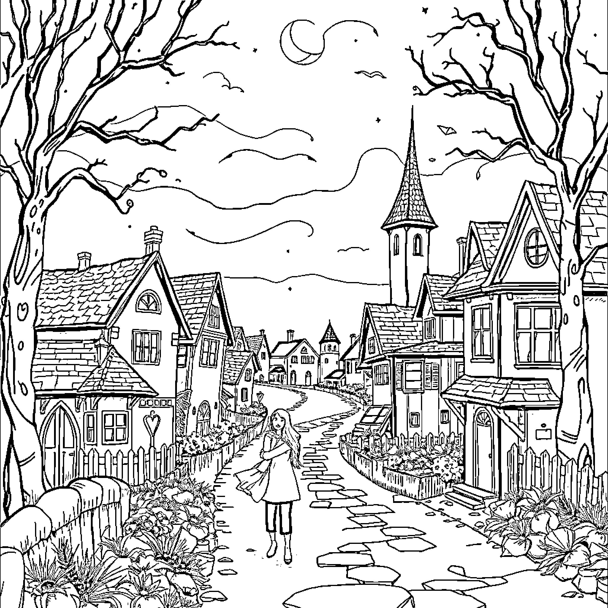 Vampire Diaries: Enchanting Nightscape in a Quaint Town Coloring Page (free black-and-white line drawing printable PDF for all, from beginners to advanced learners, including children, teens, adults, and seniors)