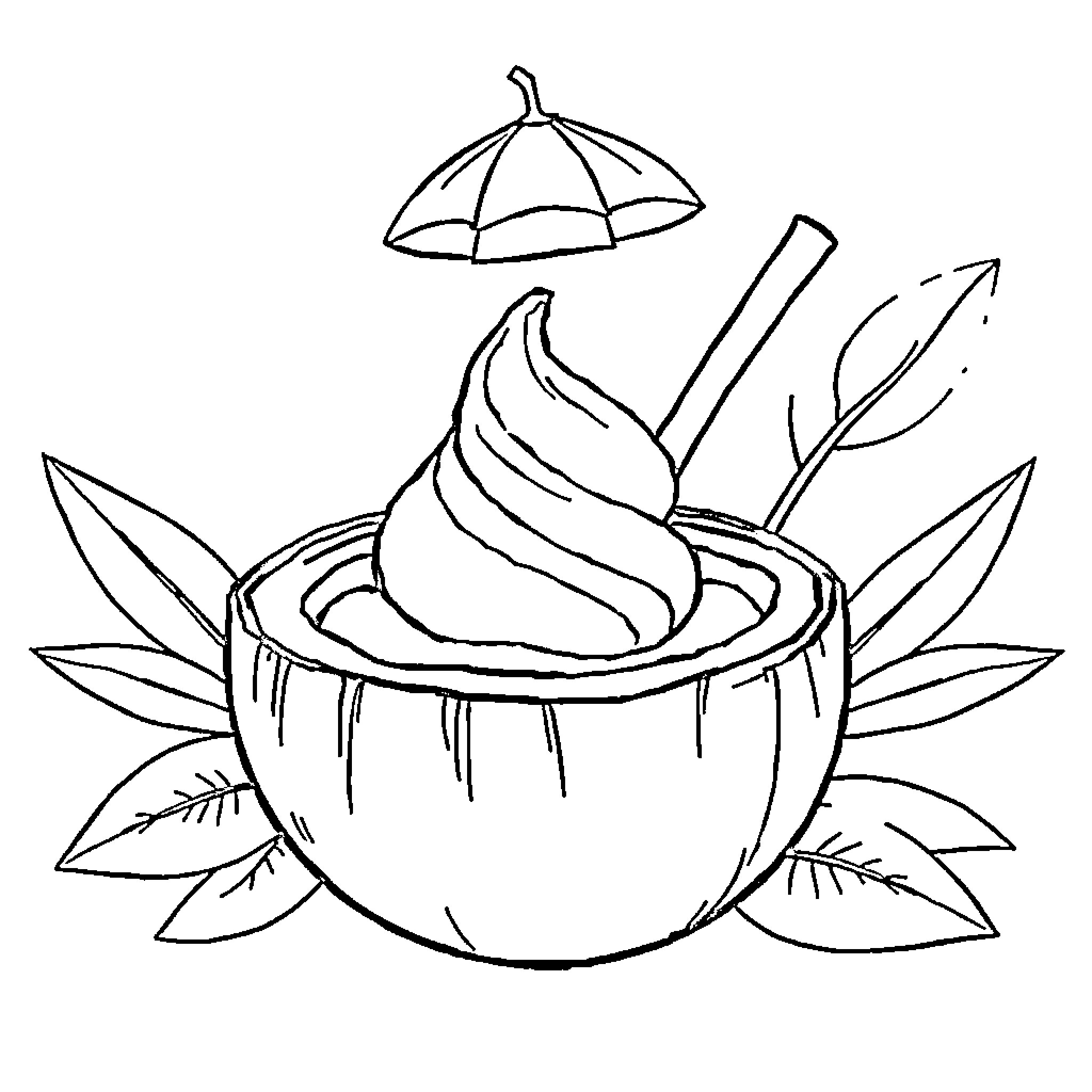 Coco's Coconut Delight Coloring Page (free black-and-white line drawing printable PDF for all, from beginners to advanced learners, including children, teens, adults, and seniors)