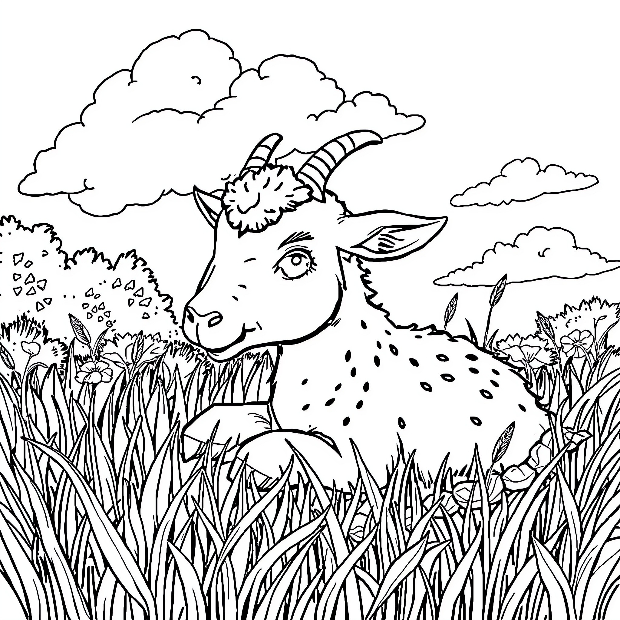 Bourriquet's Tranquil Meadow Adventure Coloring Page (free black-and-white line drawing printable PDF for all, from beginners to advanced learners, including children, teens, adults, and seniors)