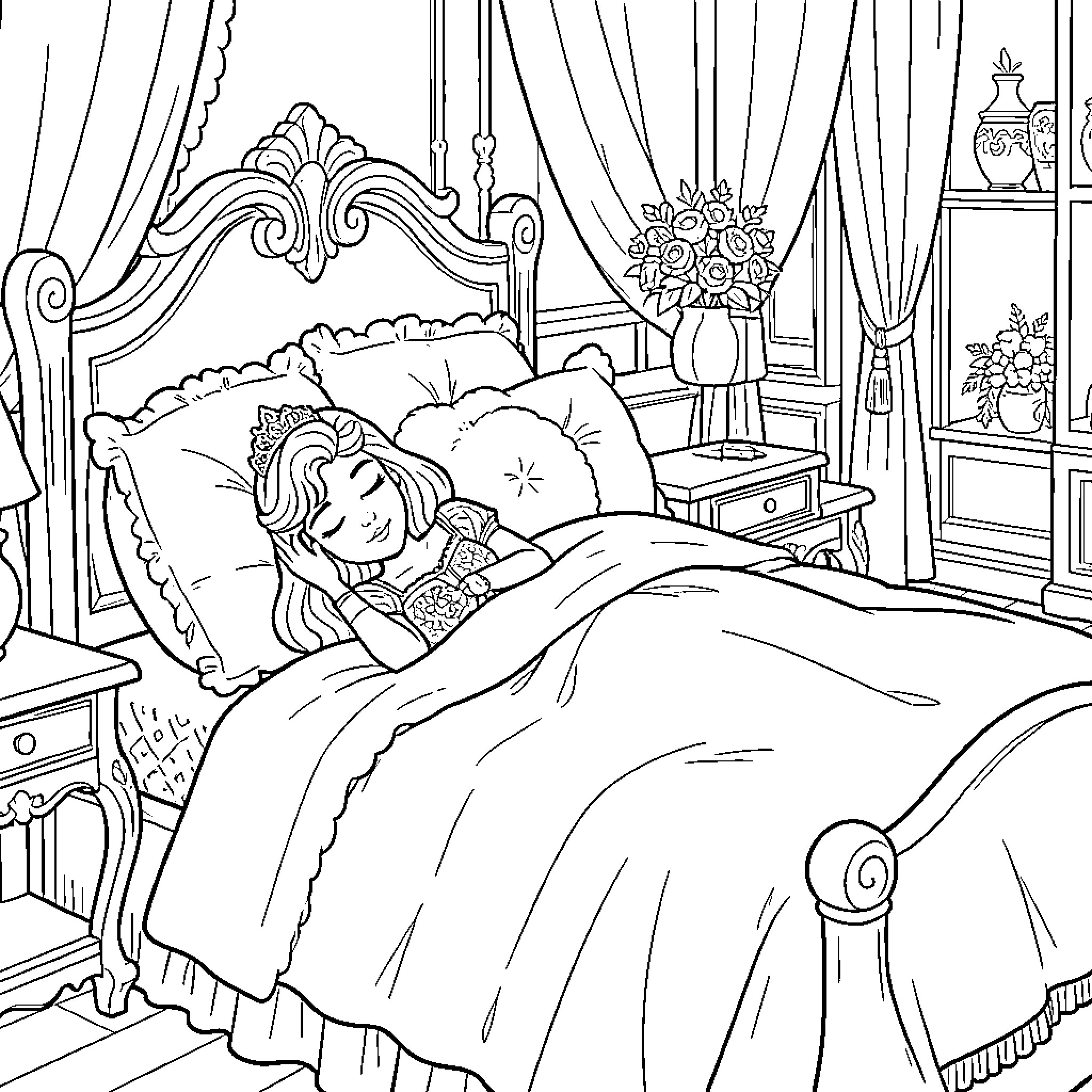Princess sleeping peacefully in her royal chamber Coloring Page (free black-and-white line drawing printable PDF for all, from beginners to advanced learners, including children, teens, adults, and seniors)