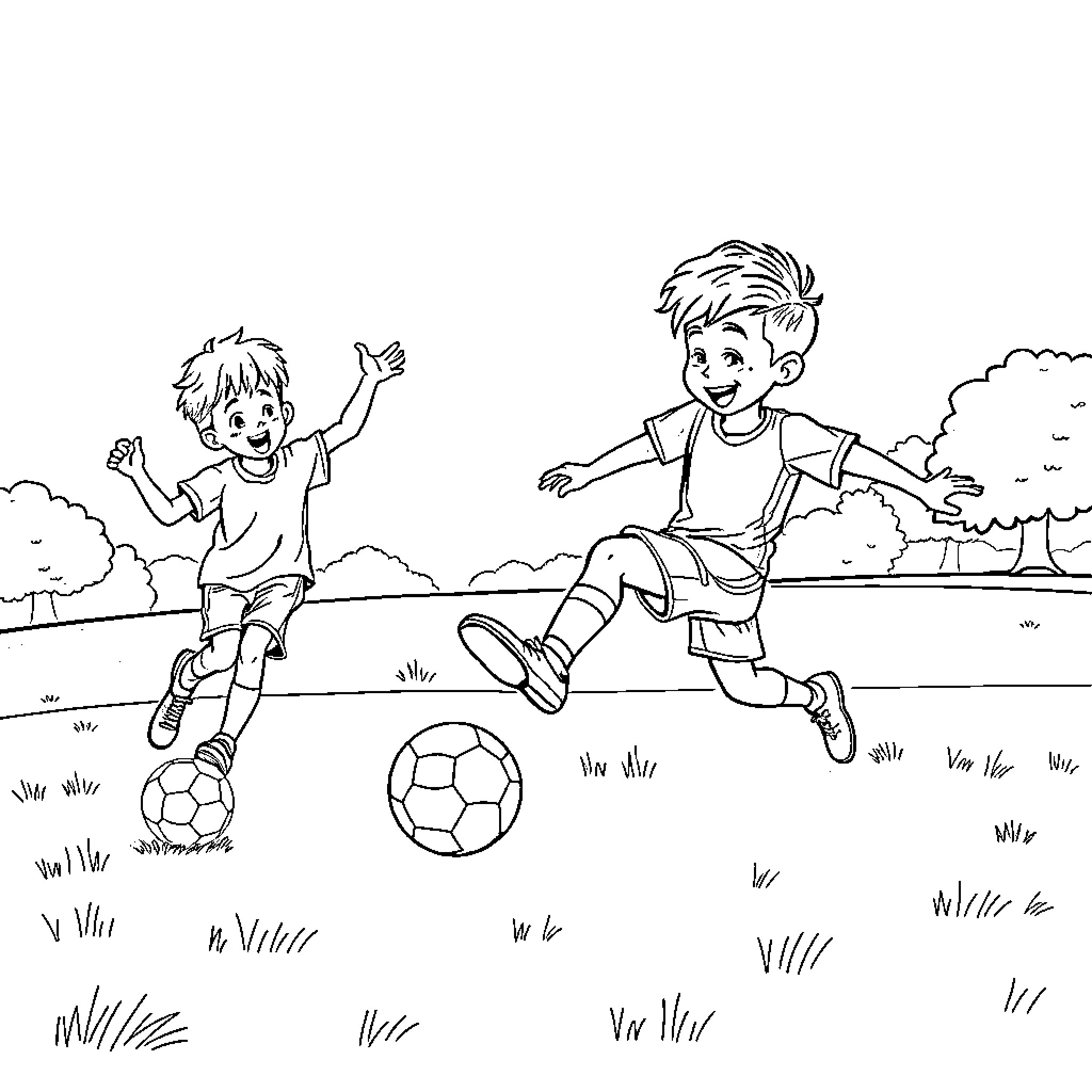 Boys playing soccer joyfully on the field Coloring Page (free black-and-white line drawing printable PDF for all, from beginners to advanced learners, including children, teens, adults, and seniors)