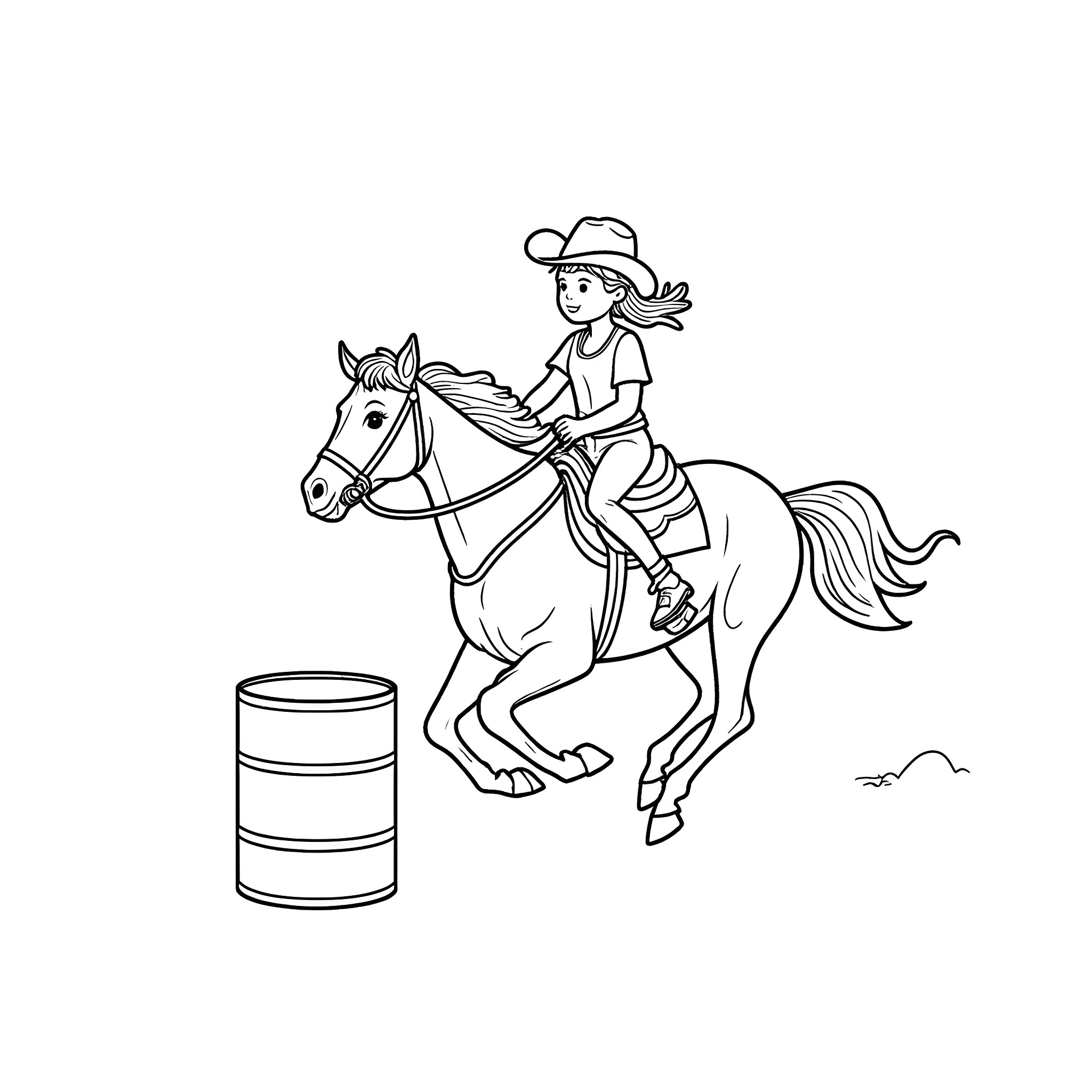 Girl riding horse and jumping over barrel Coloring Page (free black-and-white line drawing printable PDF for all, from beginners to advanced learners, including children, teens, adults, and seniors)