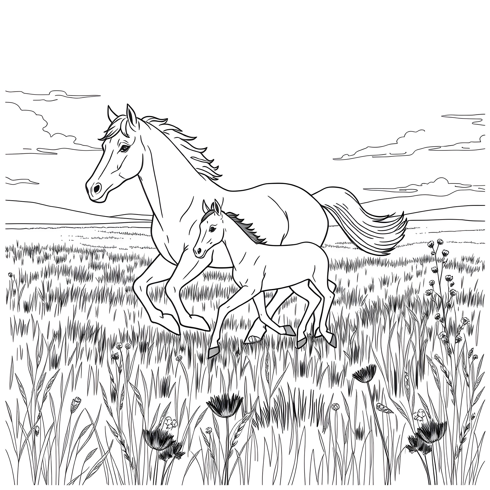 Horse Family Running Freely in the Meadow Coloring Page (free black-and-white line drawing printable PDF for all, from beginners to advanced learners, including children, teens, adults, and seniors)