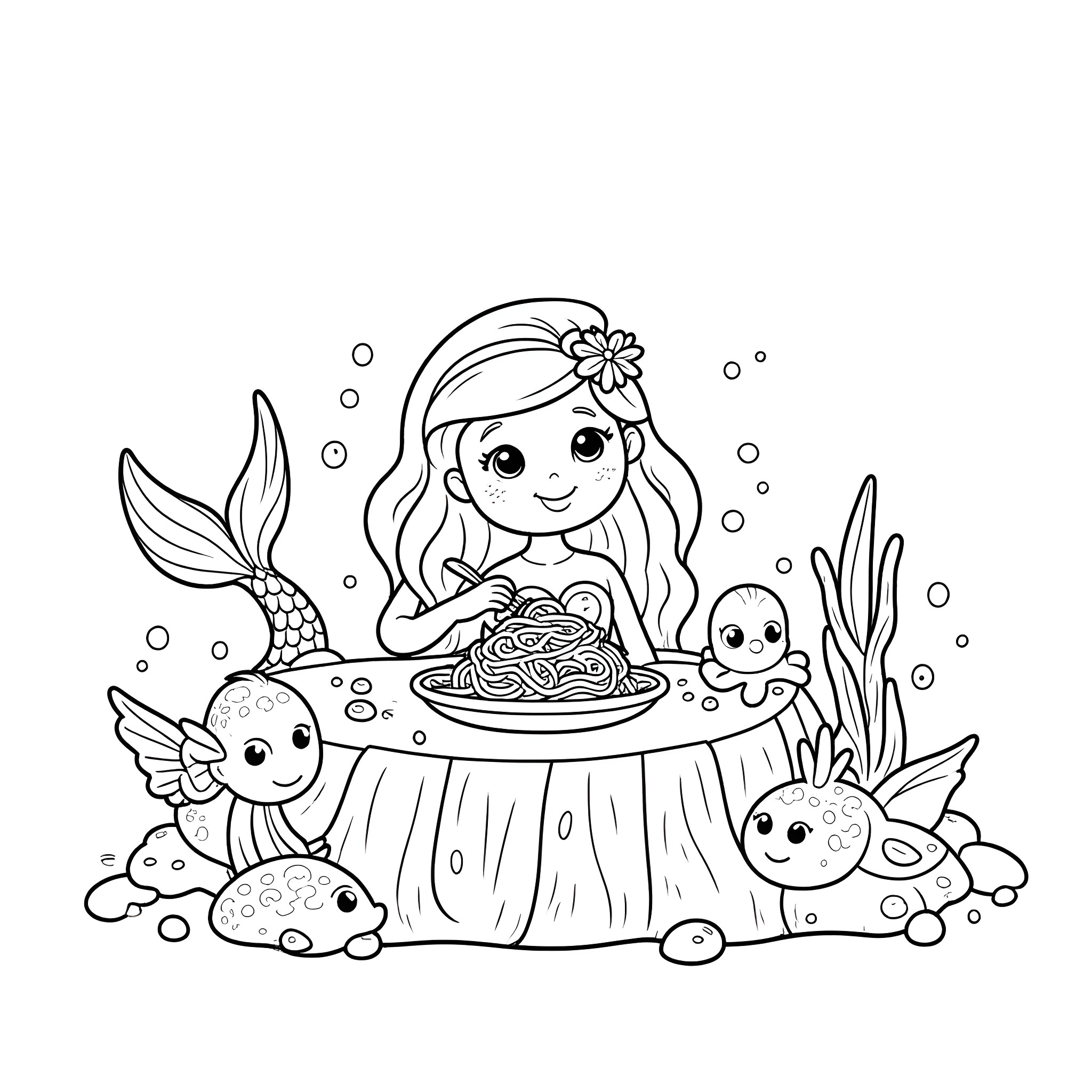 Mermaid Enjoying a Delicious Meal with Marine Friends Coloring Page (free black-and-white line drawing printable PDF for all, from beginners to advanced learners, including children, teens, adults, and seniors)