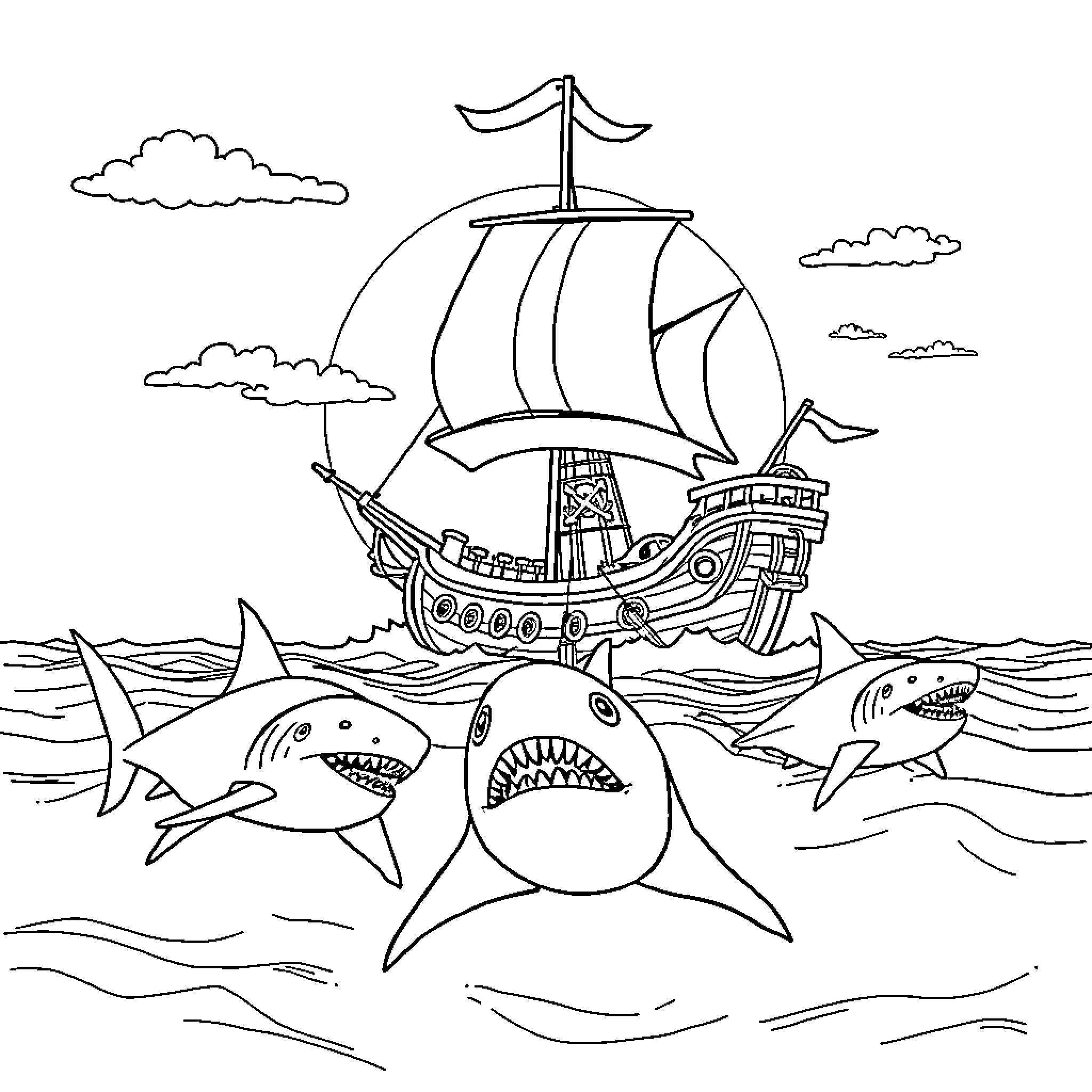 Pirate Ship Sailing Amidst Sharks Coloring Page (free black-and-white line drawing printable PDF for all, from beginners to advanced learners, including children, teens, adults, and seniors)