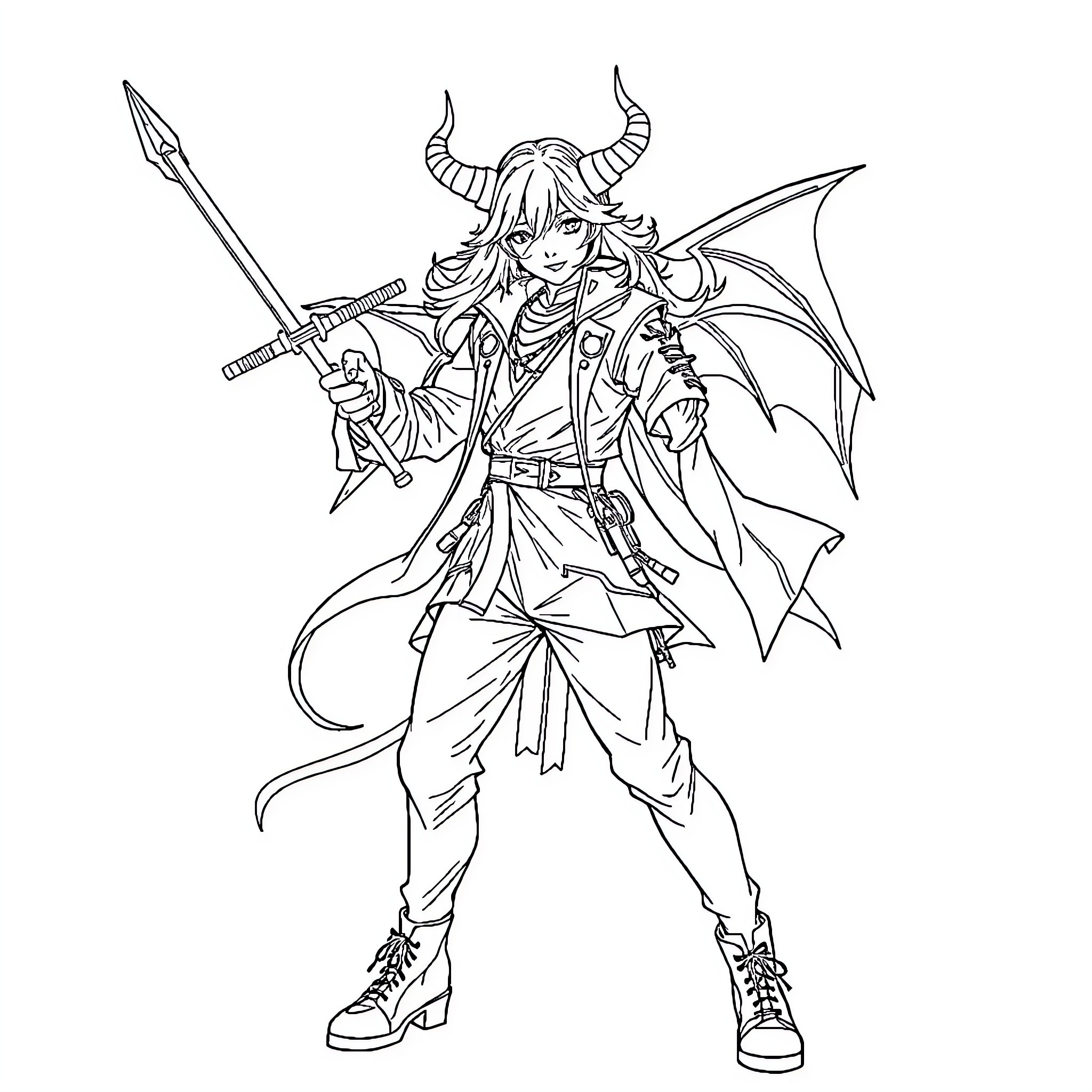 K-pop Demon Slayer in heroic battle stance Coloring Page (free black-and-white line drawing printable PDF for all, from beginners to advanced learners, including children, teens, adults, and seniors)