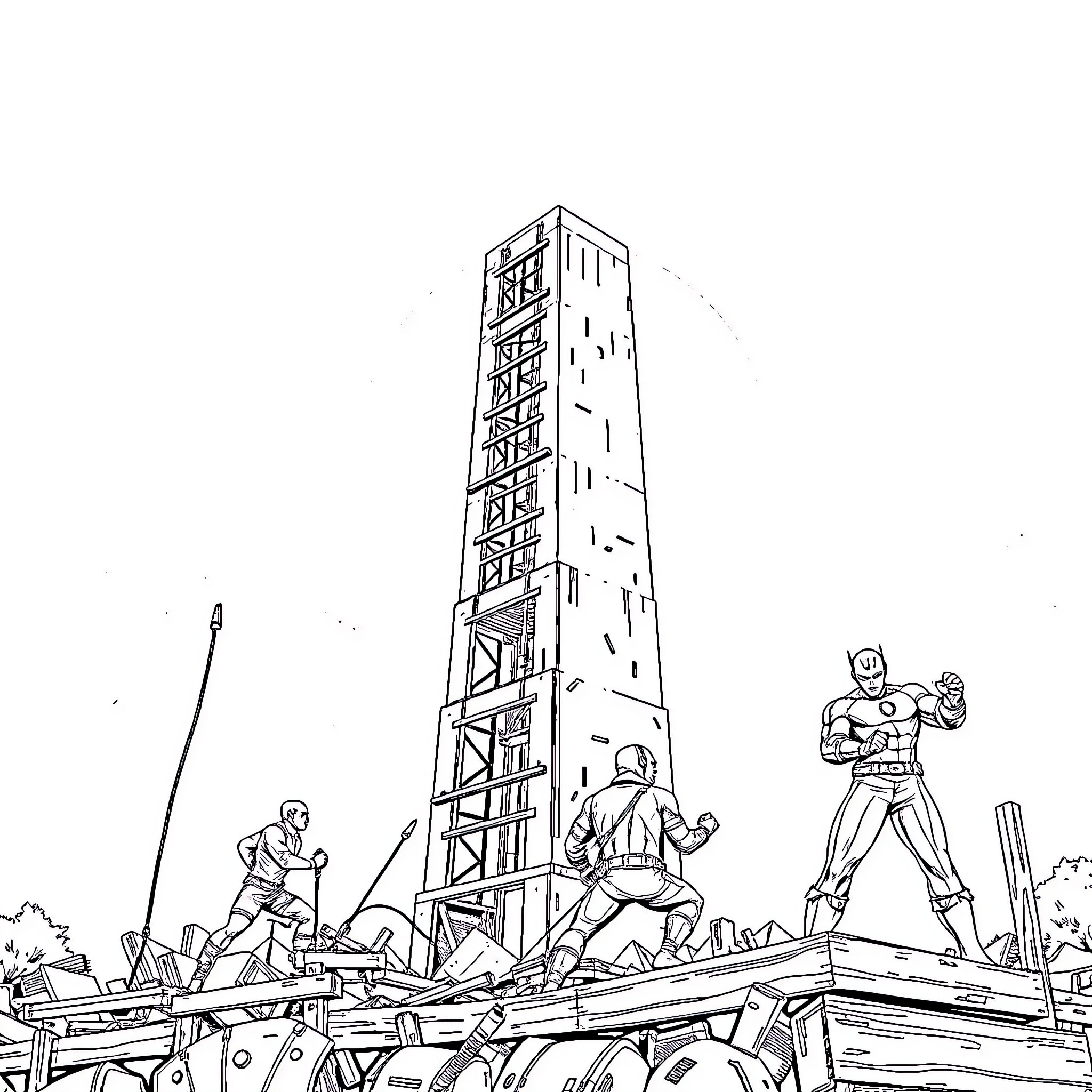 Superhero action scene with tower construction Coloring Page (free black-and-white line drawing printable PDF for all, from beginners to advanced learners, including children, teens, adults, and seniors)