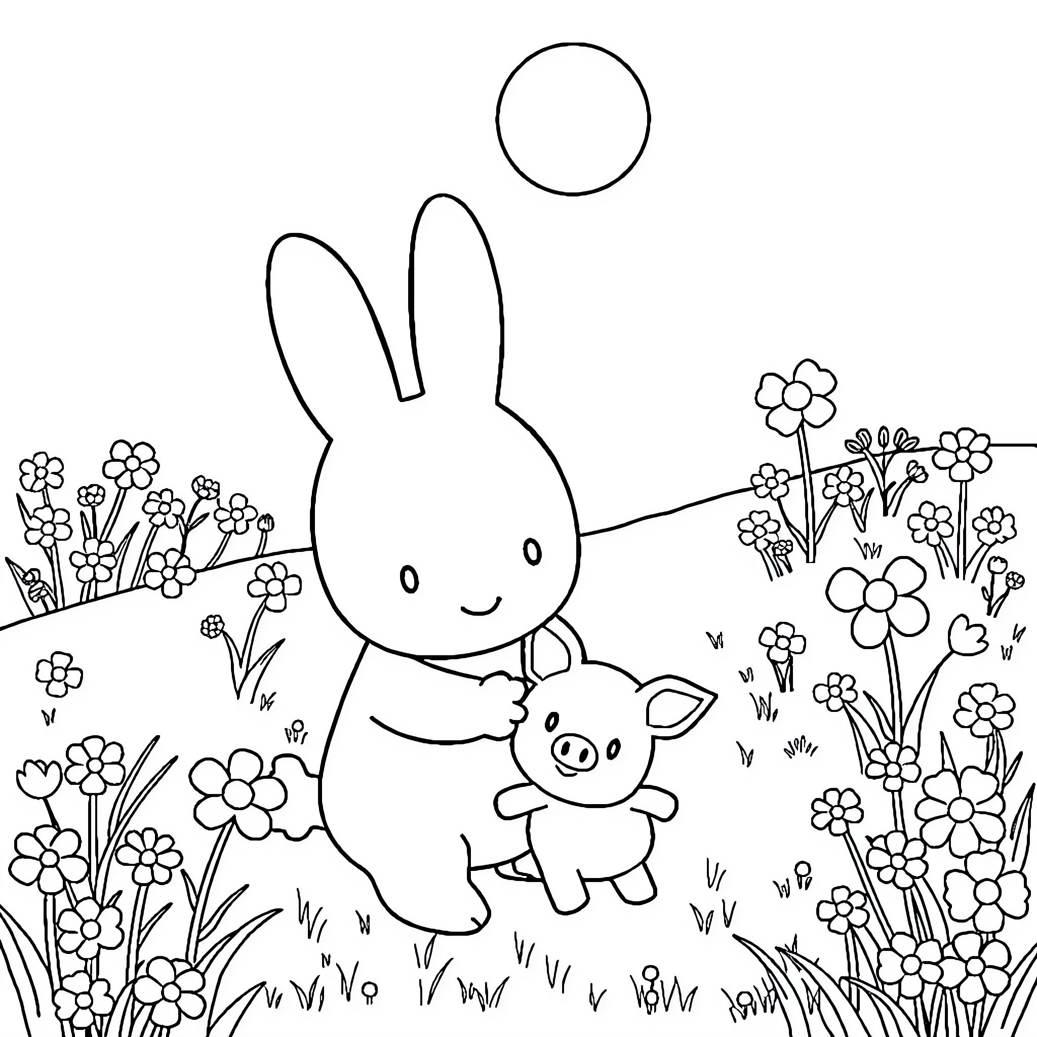 Miffy playing with a pig in a flower field Coloring Page (free black-and-white line drawing printable PDF for all, from beginners to advanced learners, including children, teens, adults, and seniors)
