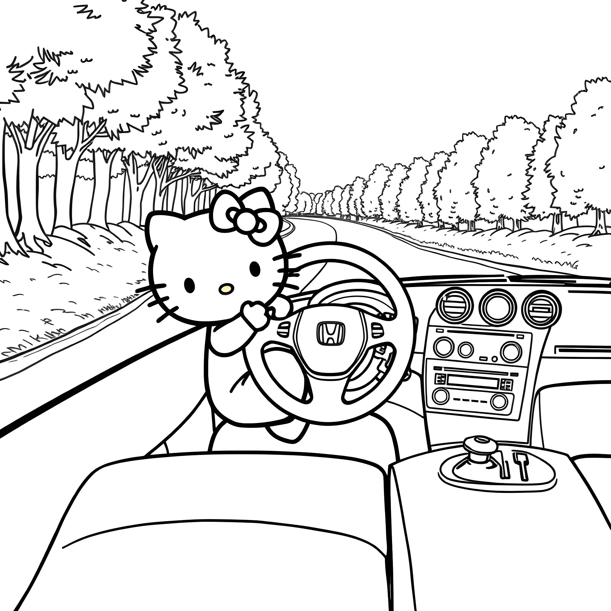 Hello Kitty driving a car on the highway Coloring Page (free black-and-white line drawing printable PDF for all, from beginners to advanced learners, including children, teens, adults, and seniors)