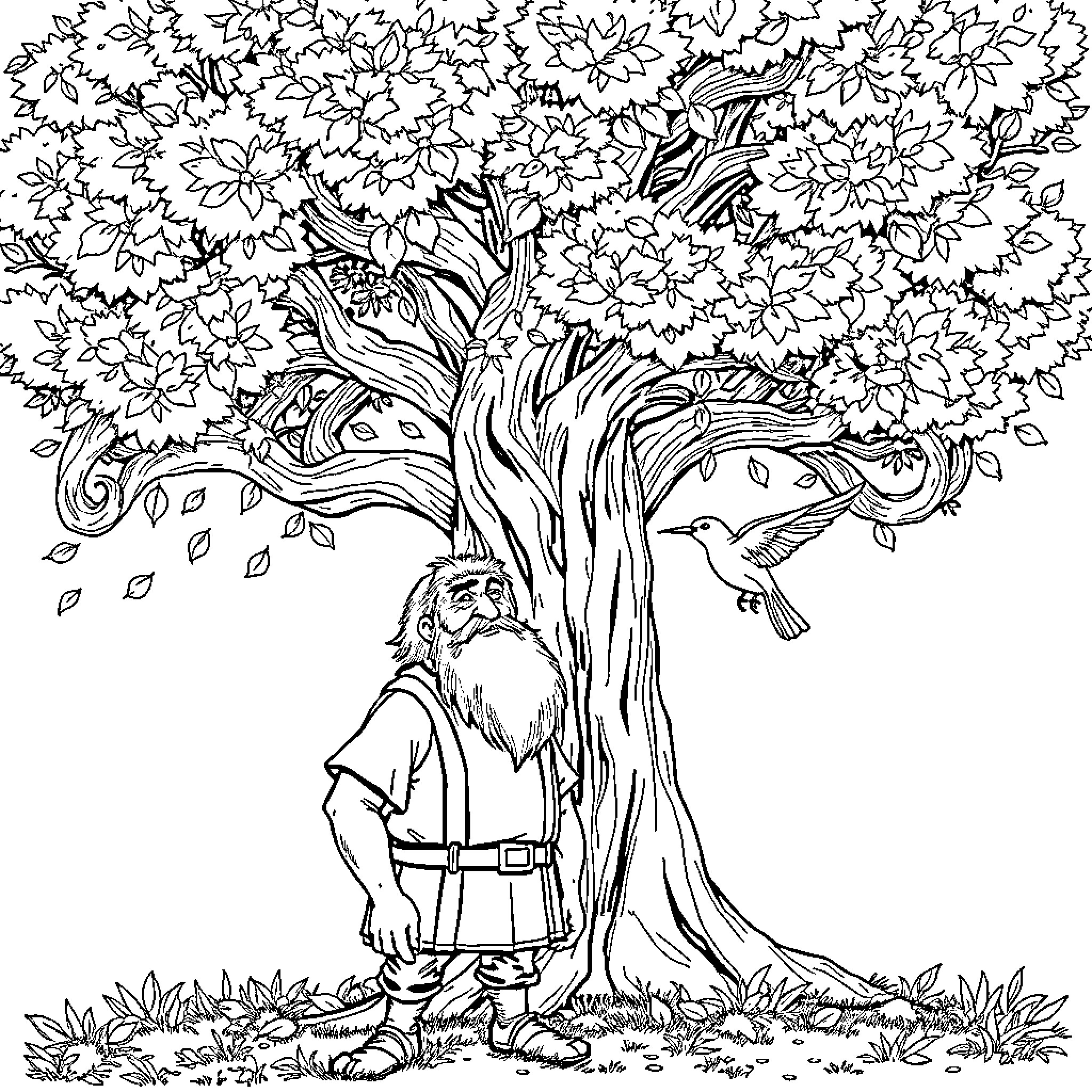 Bûcheron in a Leafy Forest Oasis Coloring Page (free black-and-white line drawing printable PDF for all, from beginners to advanced learners, including children, teens, adults, and seniors)