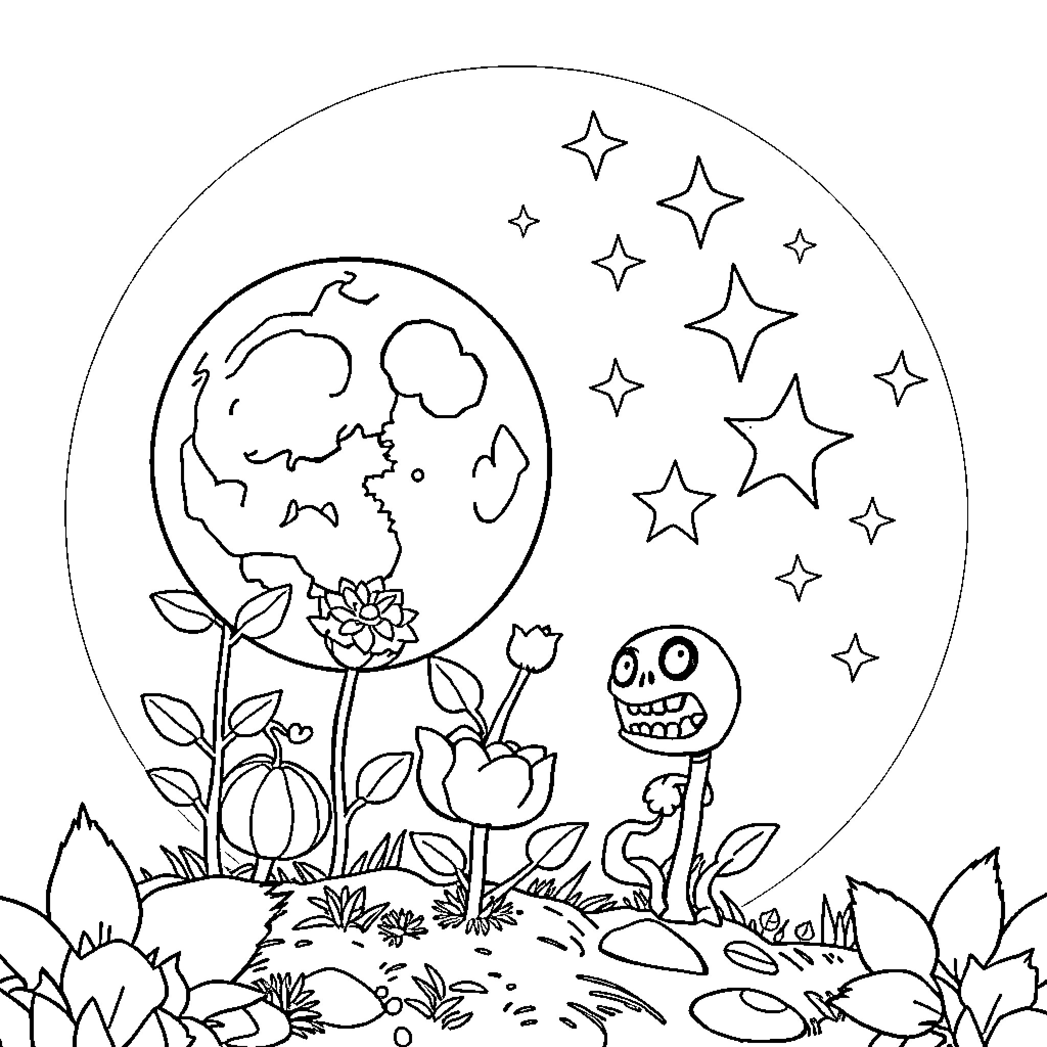 Plant vs Zombie Nocturnal Garden Adventure Coloring Page (free black-and-white line drawing printable PDF for all, from beginners to advanced learners, including children, teens, adults, and seniors)