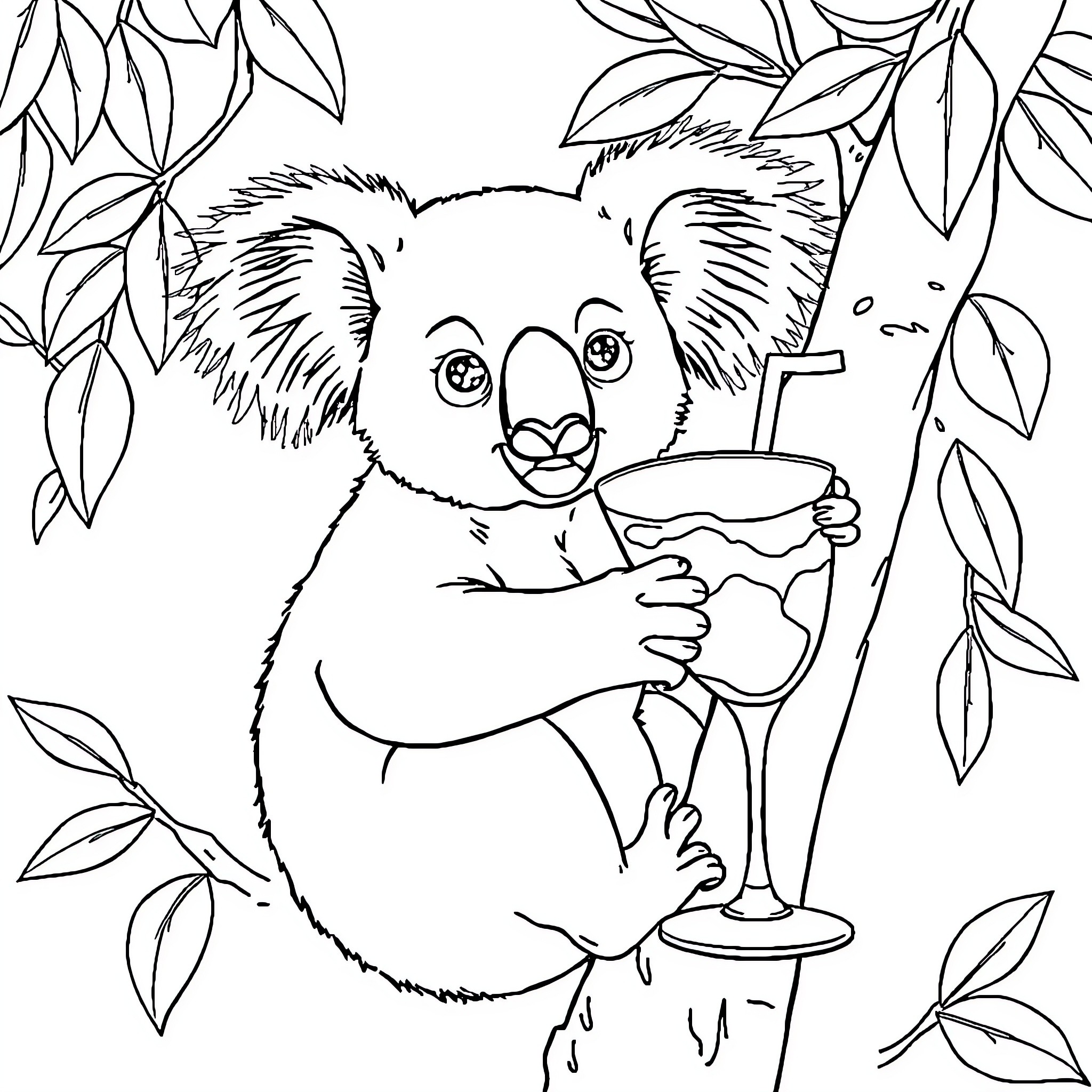 Koala enjoying a refreshing drink in the jungle Coloring Page (free black-and-white line drawing printable PDF for all, from beginners to advanced learners, including children, teens, adults, and seniors)