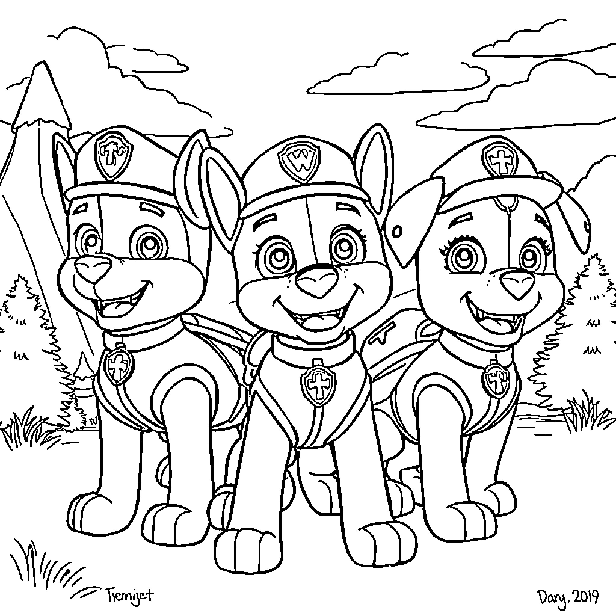Paw Patrol Team Exploring Outdoor Adventure Coloring Page (free black-and-white line drawing printable PDF for all, from beginners to advanced learners, including children, teens, adults, and seniors)