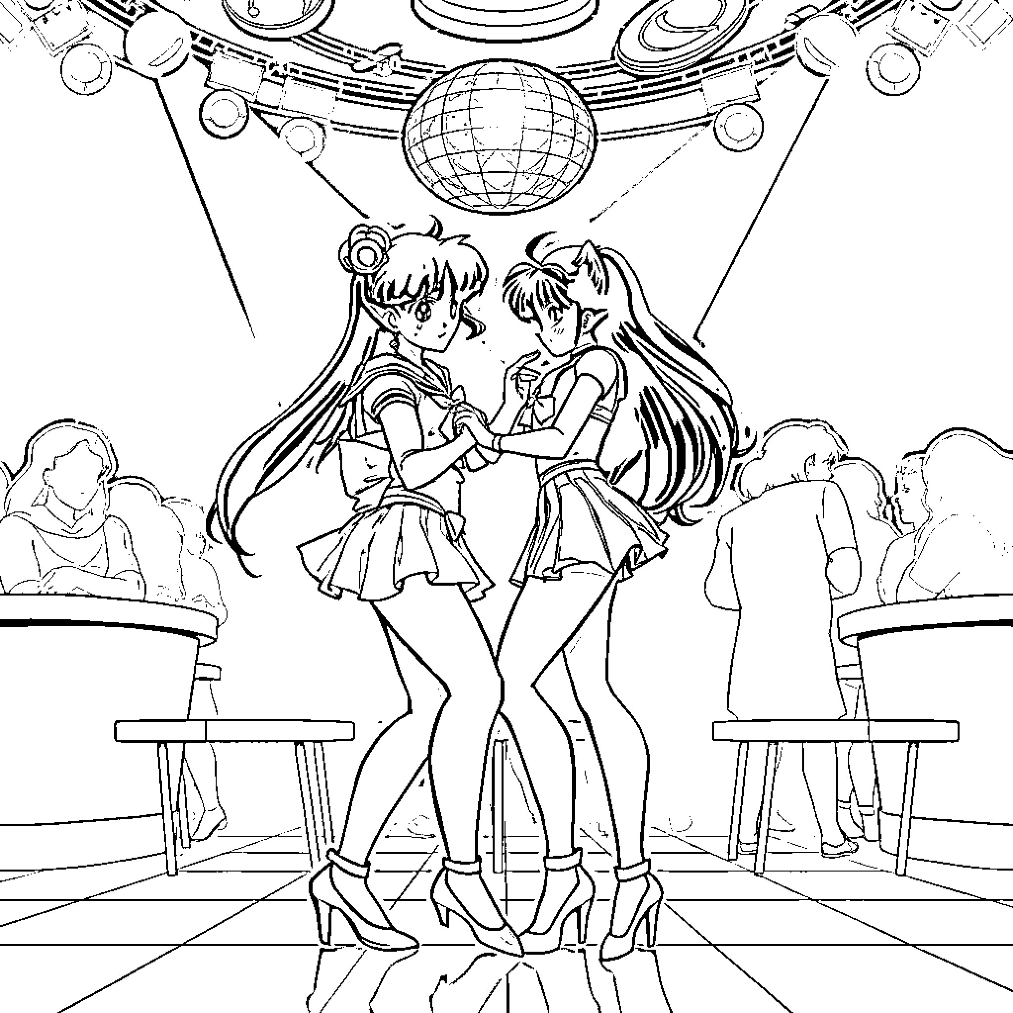 Sailor Mars Performing Lively Dance on Stage Coloring Page (free black-and-white line drawing printable PDF for all, from beginners to advanced learners, including children, teens, adults, and seniors)
