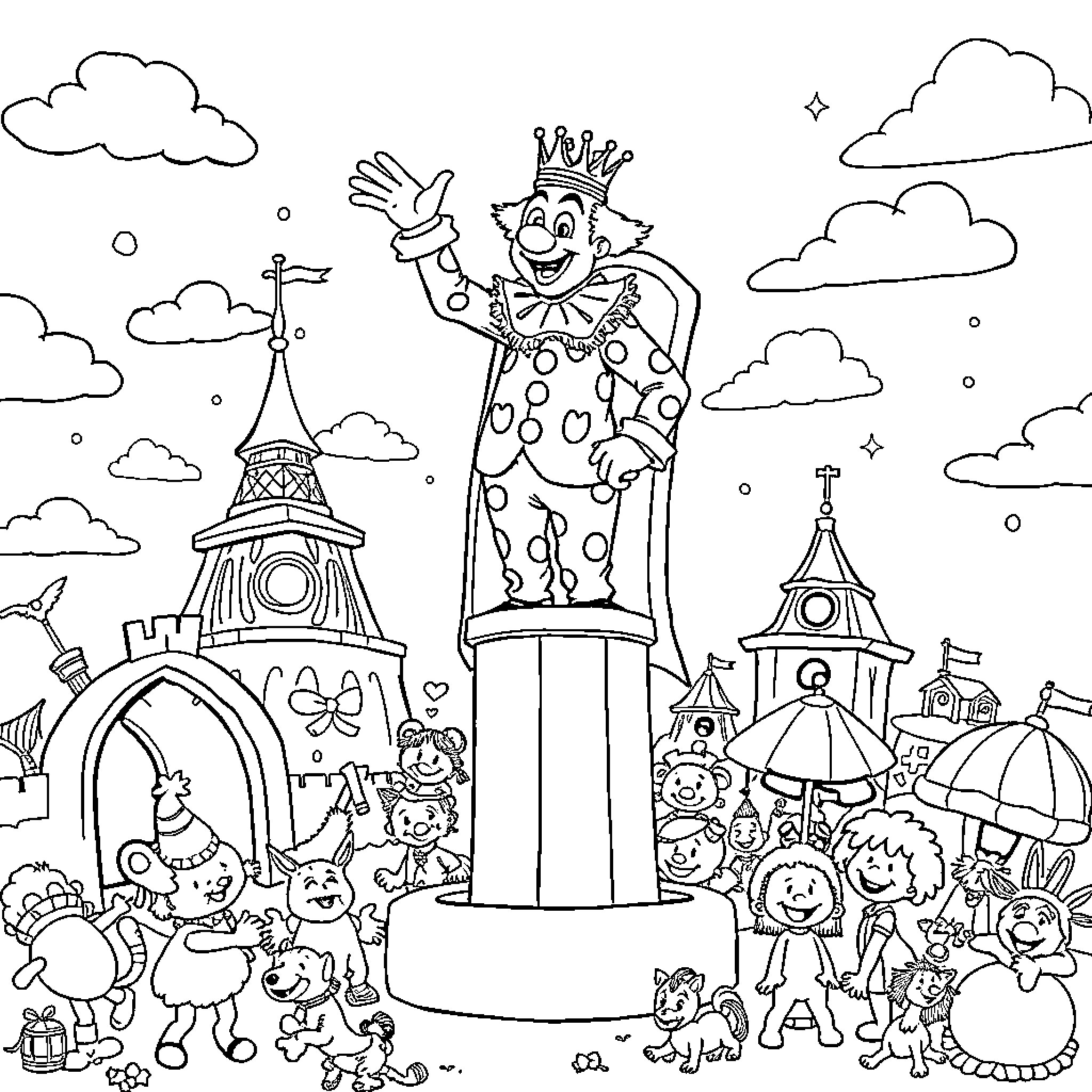 Clown entertaining a crowd in a whimsical carnival scene Coloring Page (free black-and-white line drawing printable PDF for all, from beginners to advanced learners, including children, teens, adults, and seniors)