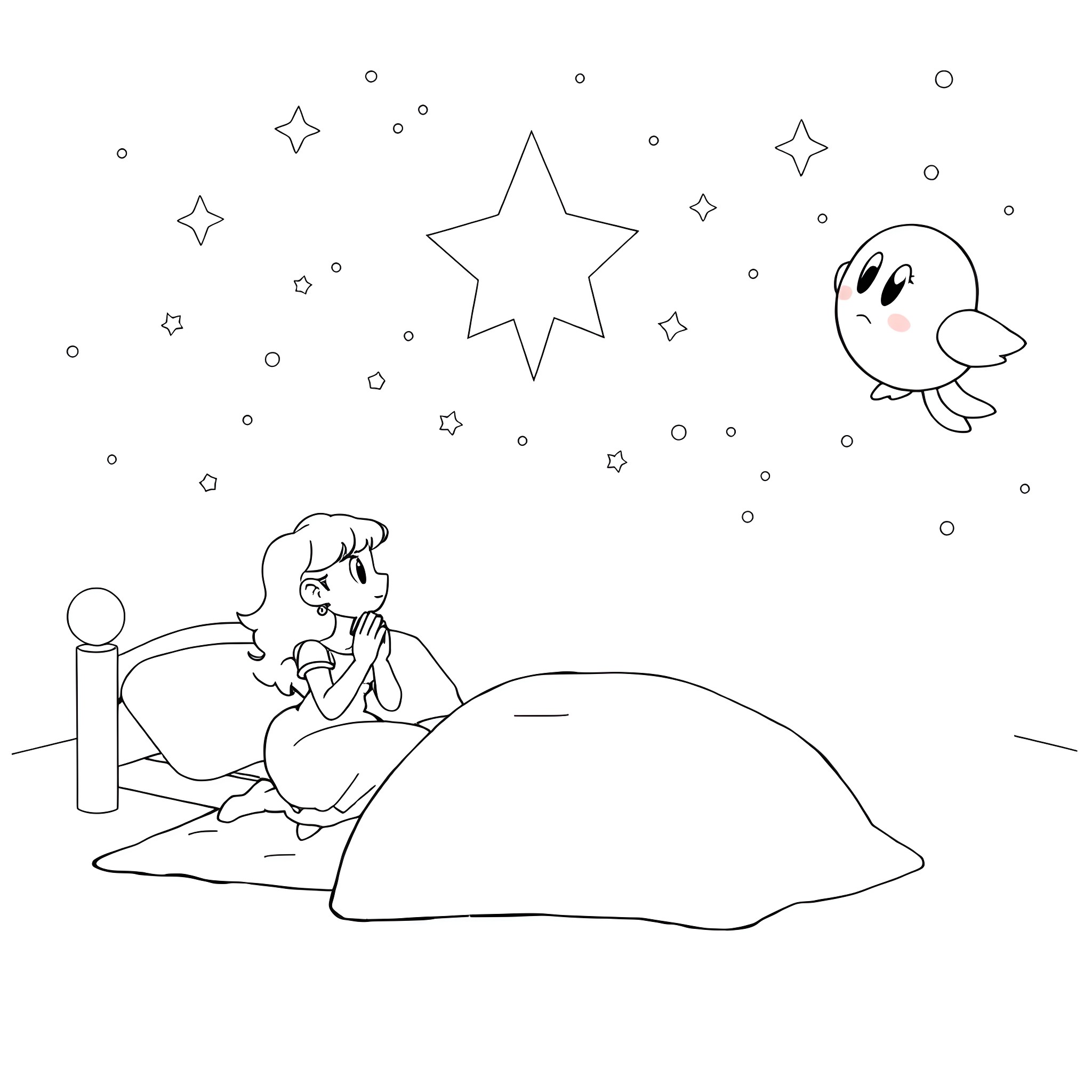Mario's Bedtime Adventure with Starry Companions Coloring Page (free black-and-white line drawing printable PDF for all, from beginners to advanced learners, including children, teens, adults, and seniors)