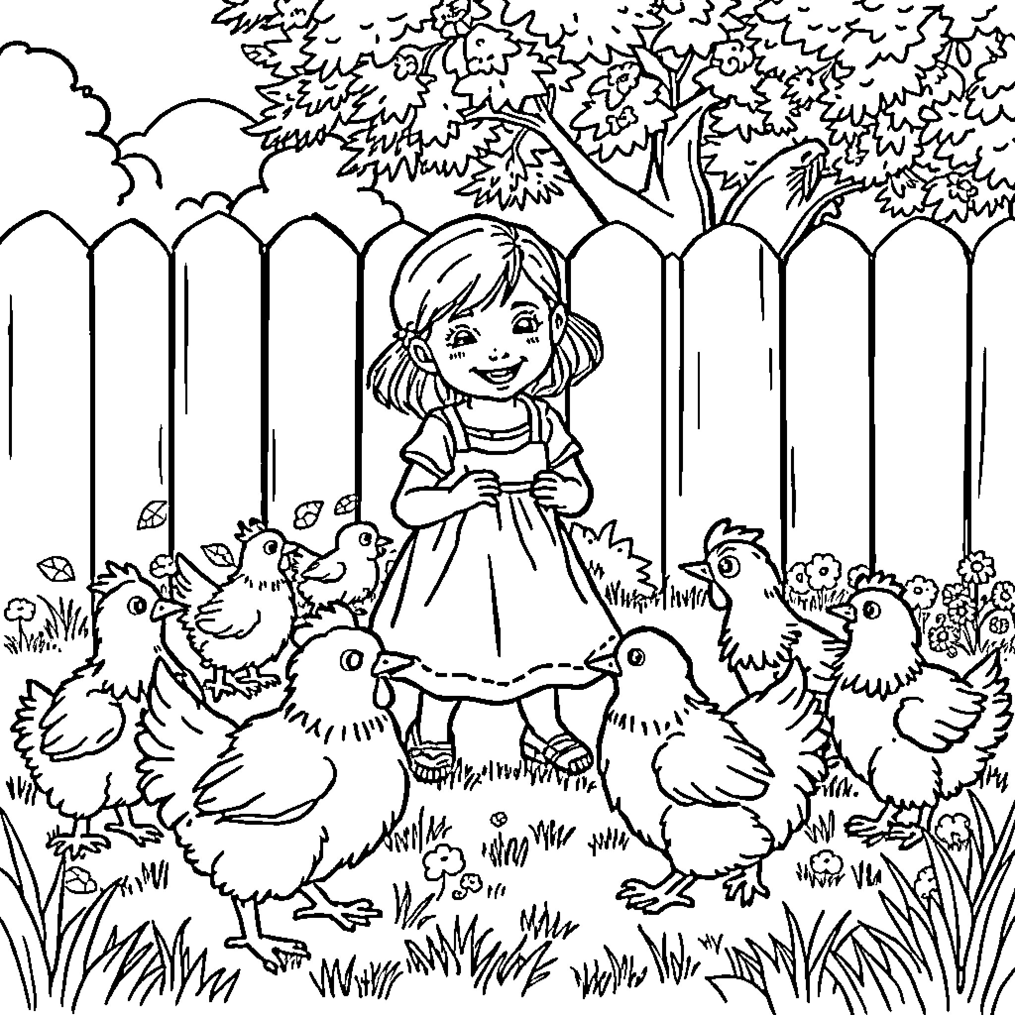Girl playing with happy chicks in the garden Coloring Page (free black-and-white line drawing printable PDF for all, from beginners to advanced learners, including children, teens, adults, and seniors)