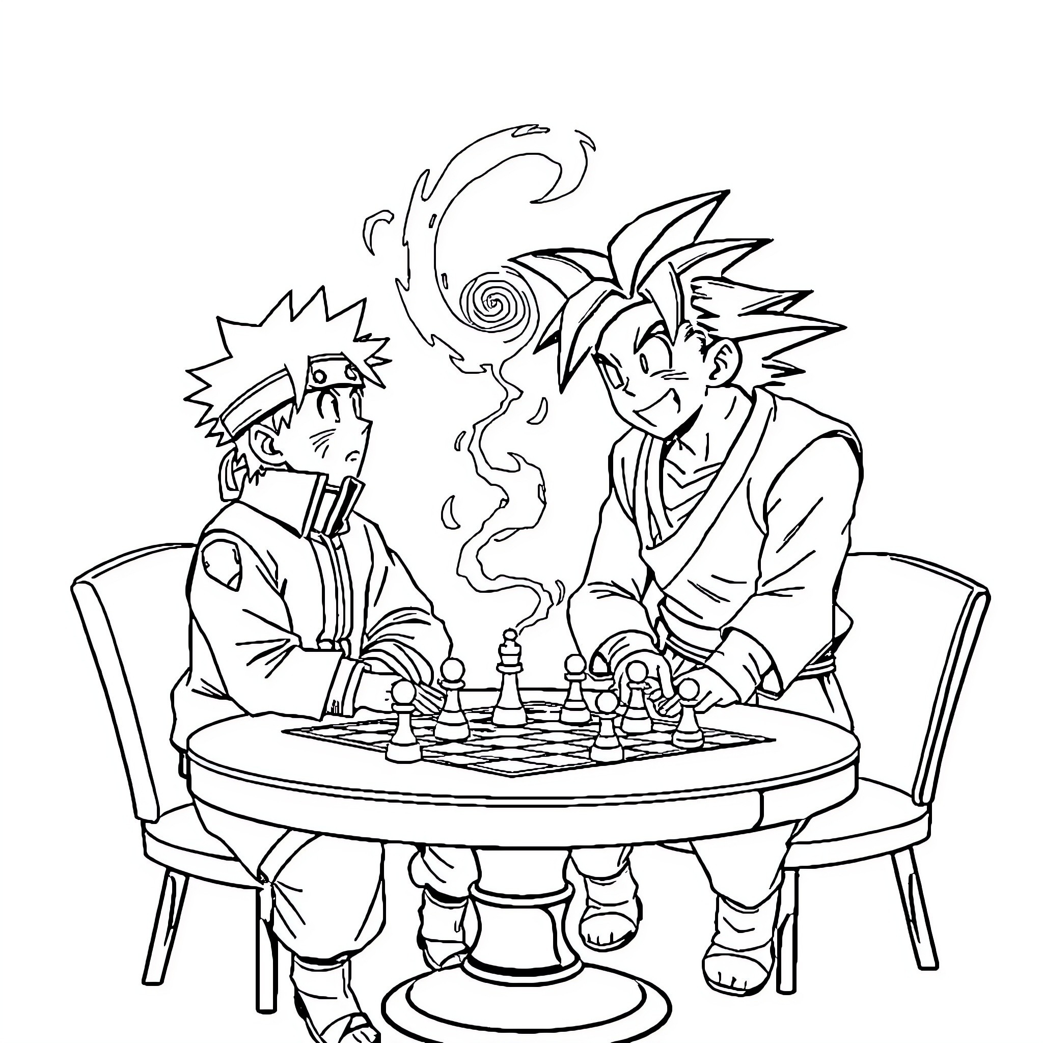 Naruto characters playing a lively game of chess Coloring Page (free black-and-white line drawing printable PDF for all, from beginners to advanced learners, including children, teens, adults, and seniors)