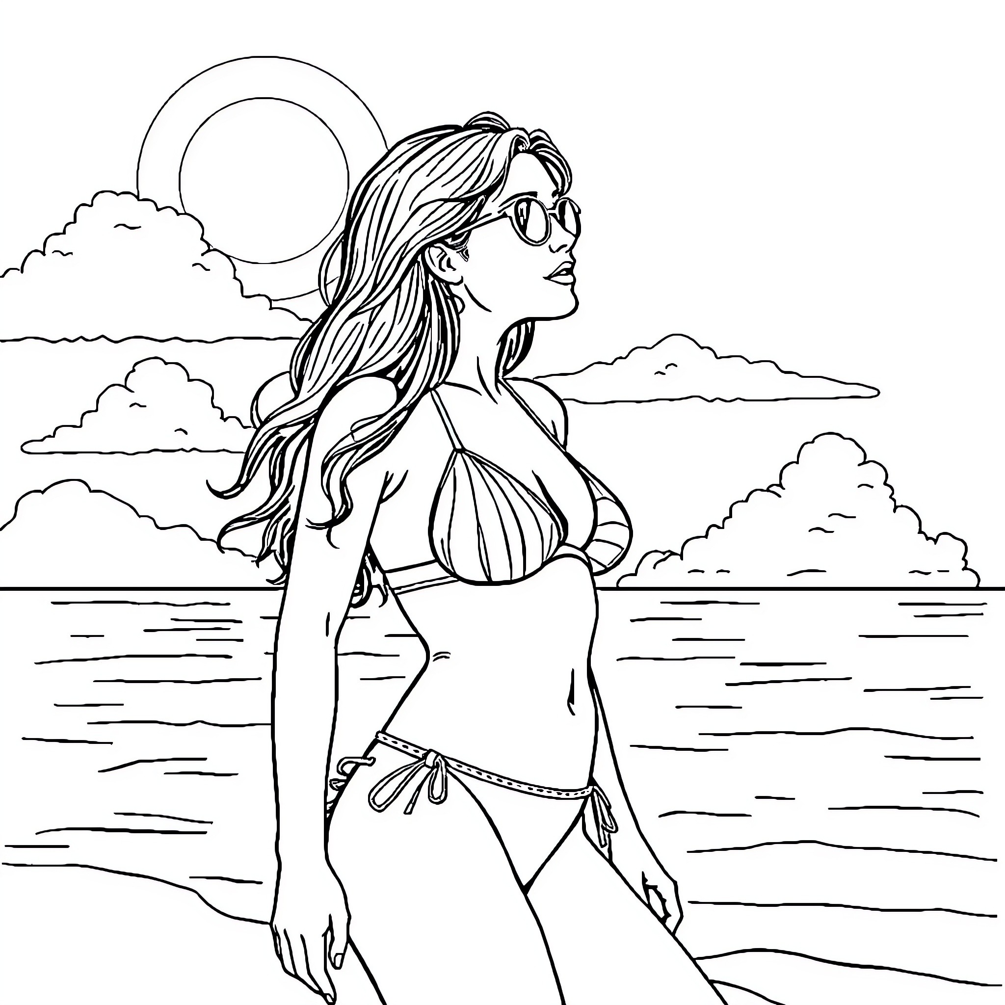 Girl enjoying a sunny day at the beach Coloring Page (free black-and-white line drawing printable PDF for all, from beginners to advanced learners, including children, teens, adults, and seniors)