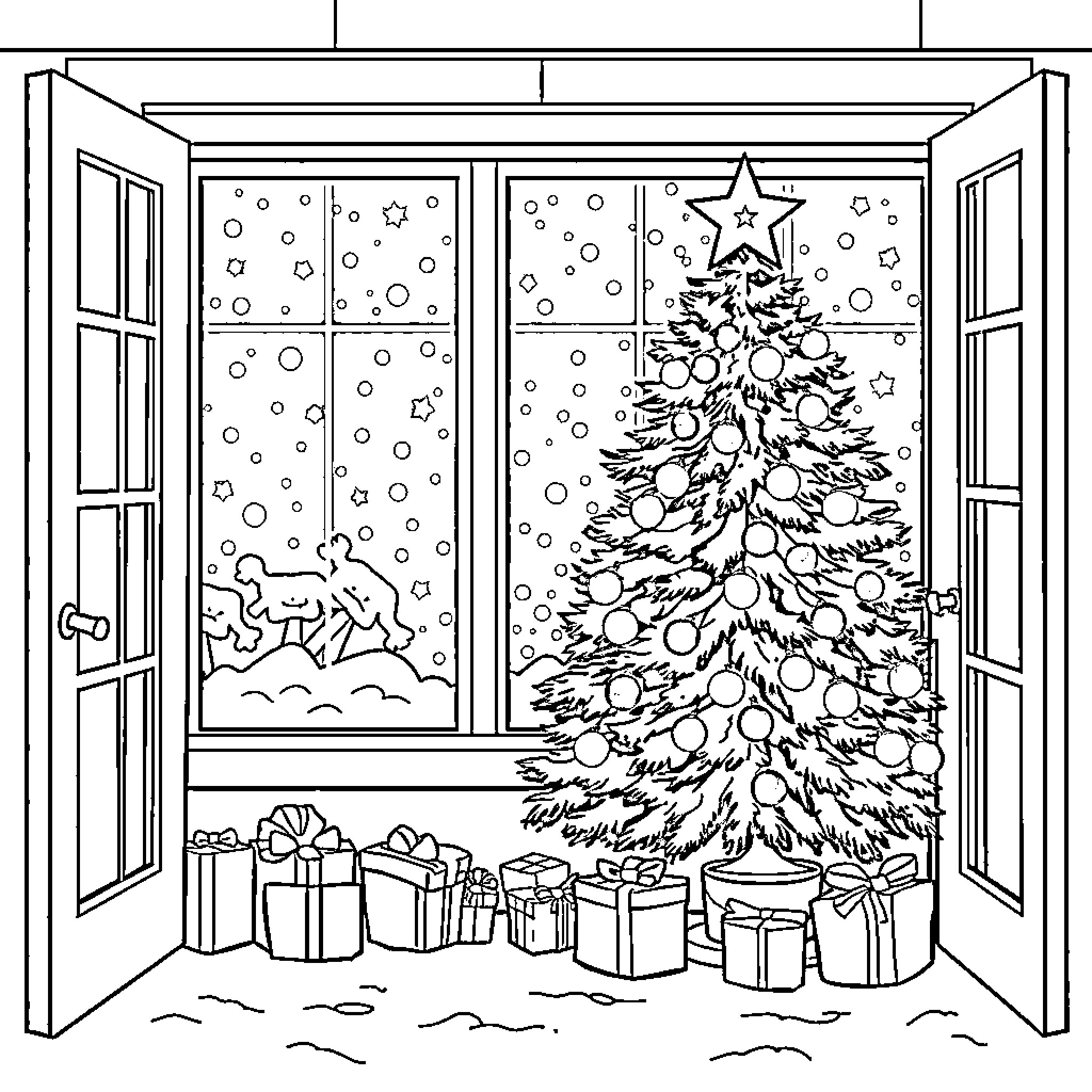 Christmas scene with decorated tree and gifts Coloring Page (free black-and-white line drawing printable PDF for all, from beginners to advanced learners, including children, teens, adults, and seniors)