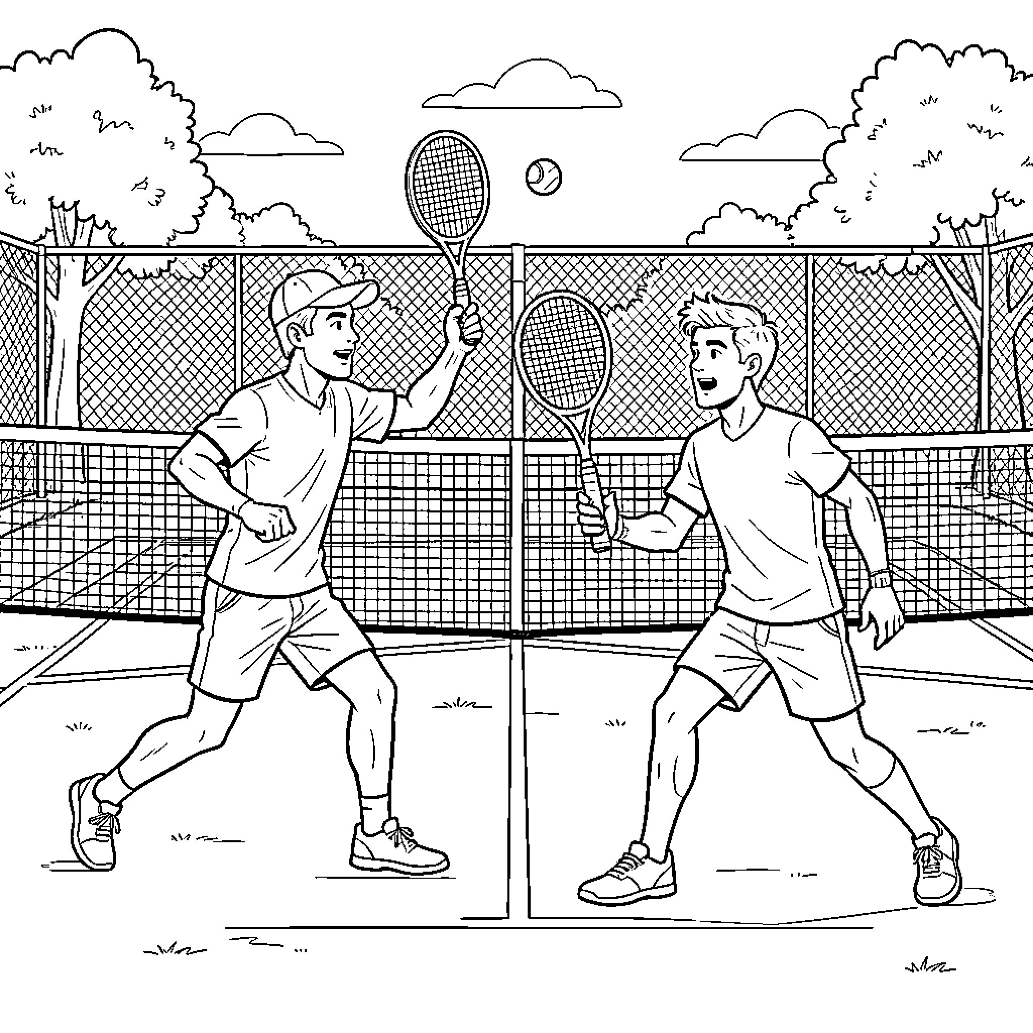 Tennis players competing during an active match Coloring Page (free black-and-white line drawing printable PDF for all, from beginners to advanced learners, including children, teens, adults, and seniors)