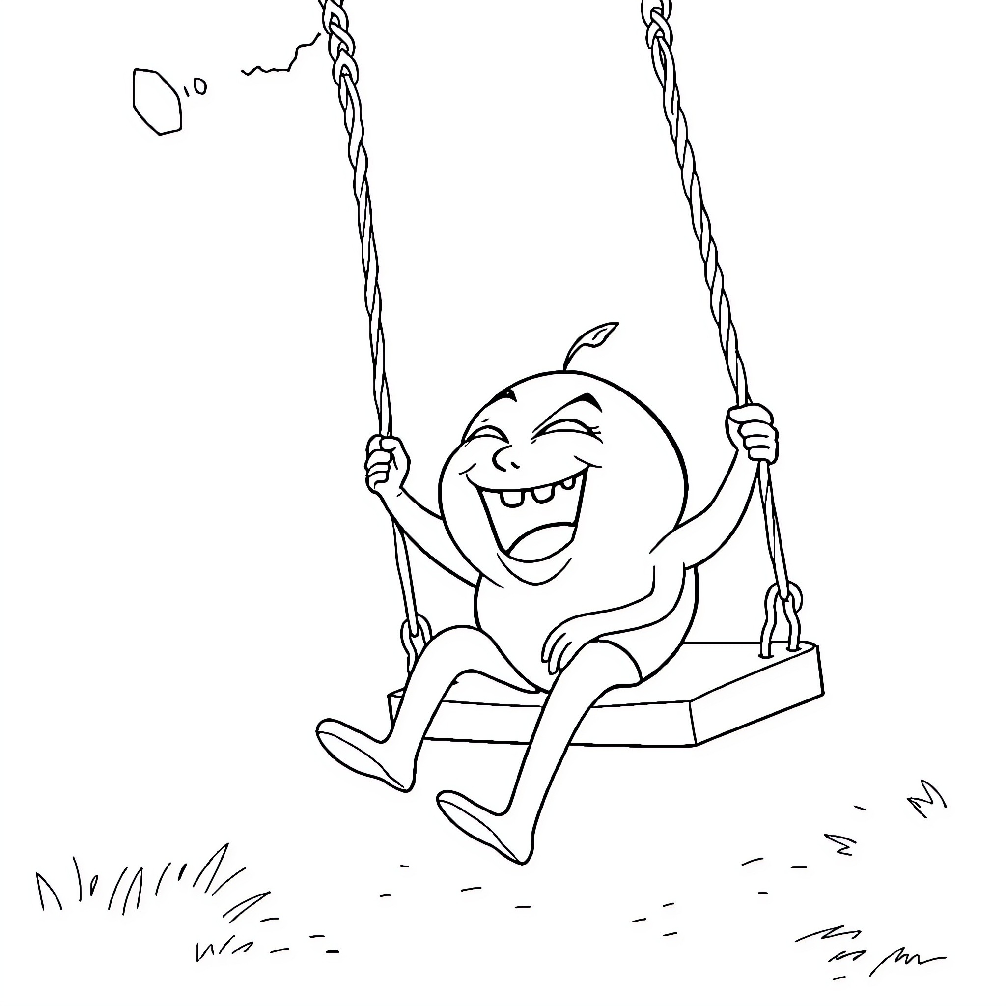 Orange figure happily swinging on rope Coloring Page (free black-and-white line drawing printable PDF for all, from beginners to advanced learners, including children, teens, adults, and seniors)