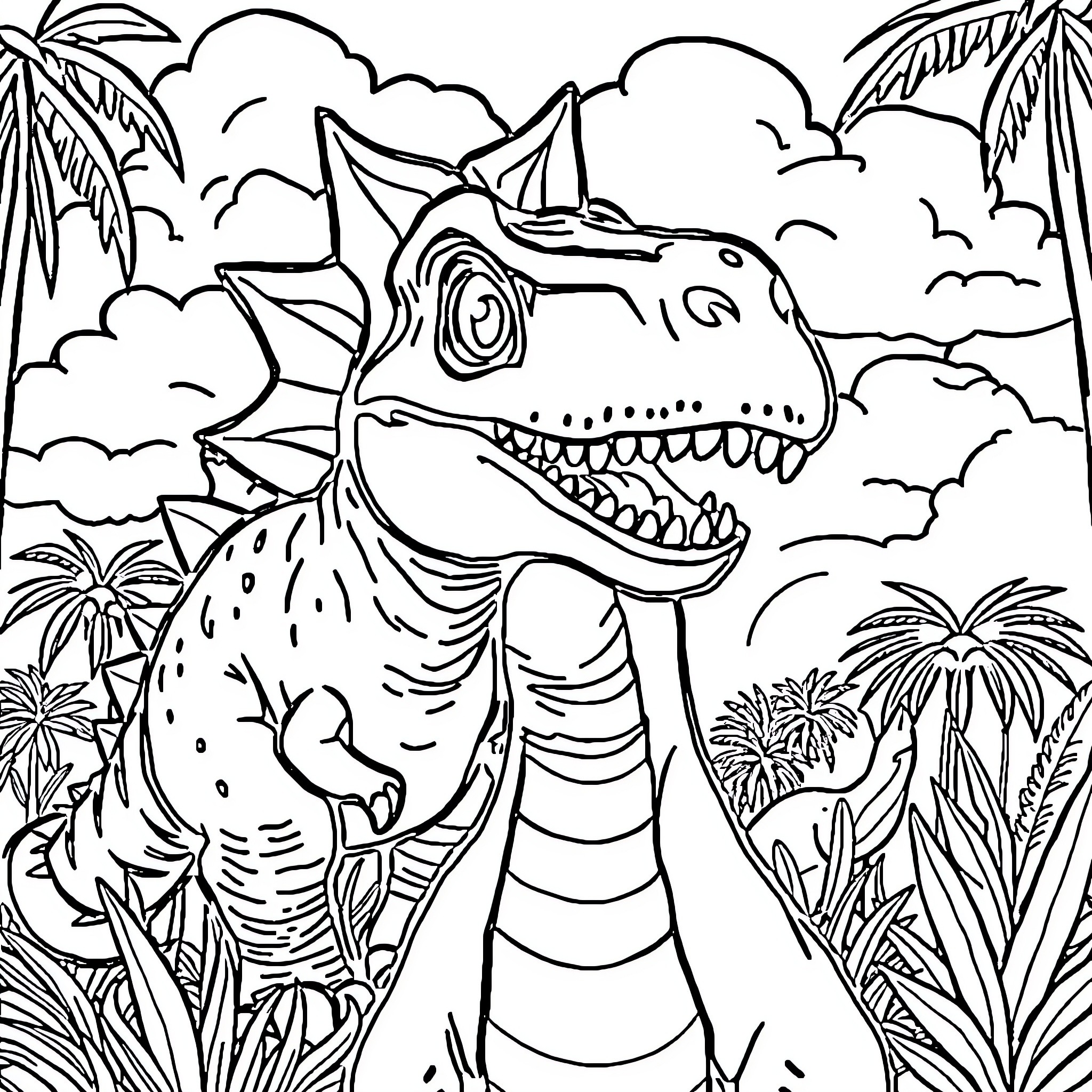 Dinosaur in a tropical jungle landscape Coloring Page (free black-and-white line drawing printable PDF for all, from beginners to advanced learners, including children, teens, adults, and seniors)