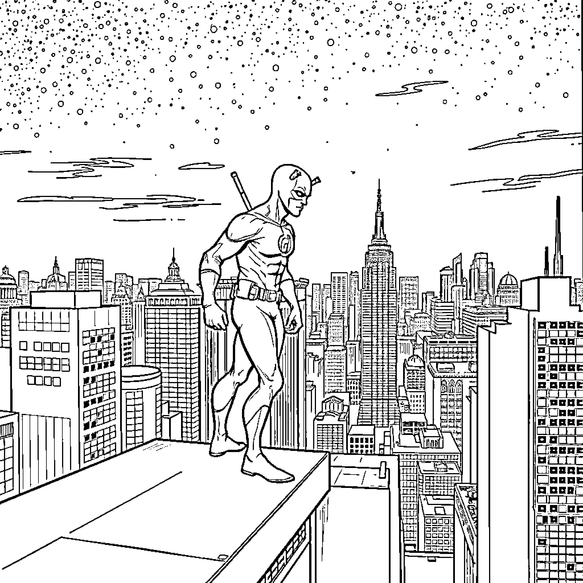 Daredevil heroically overlooks the city skyline Coloring Page (free black-and-white line drawing printable PDF for all, from beginners to advanced learners, including children, teens, adults, and seniors)