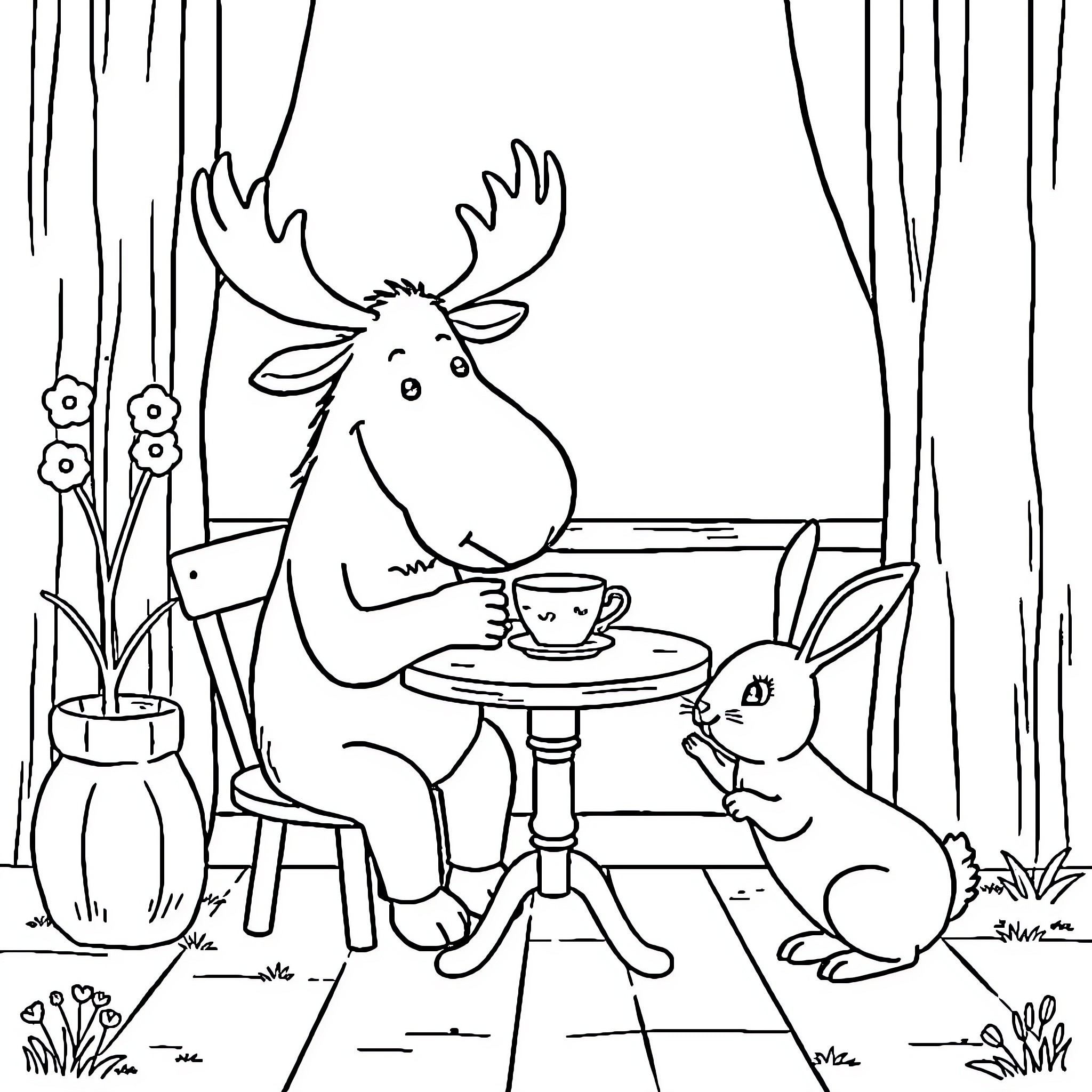 Moose enjoying a cozy tea time with a rabbit companion Coloring Page (free black-and-white line drawing printable PDF for all, from beginners to advanced learners, including children, teens, adults, and seniors)