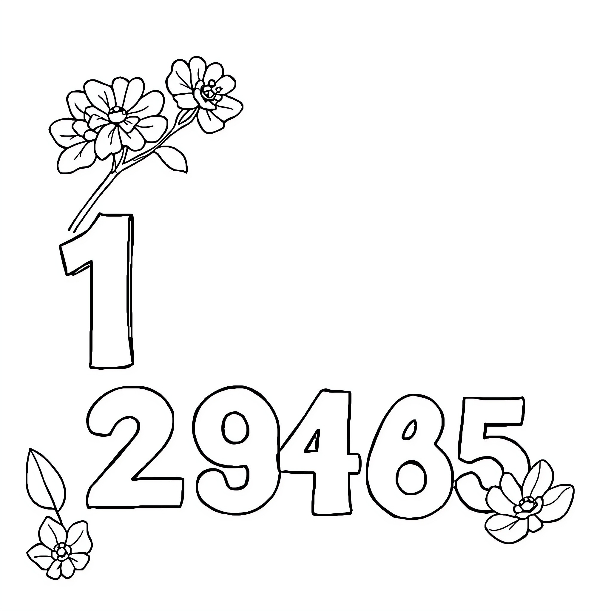 Number Flowers Decorating Numerical Date Coloring Page (free black-and-white line drawing printable PDF for all, from beginners to advanced learners, including children, teens, adults, and seniors)