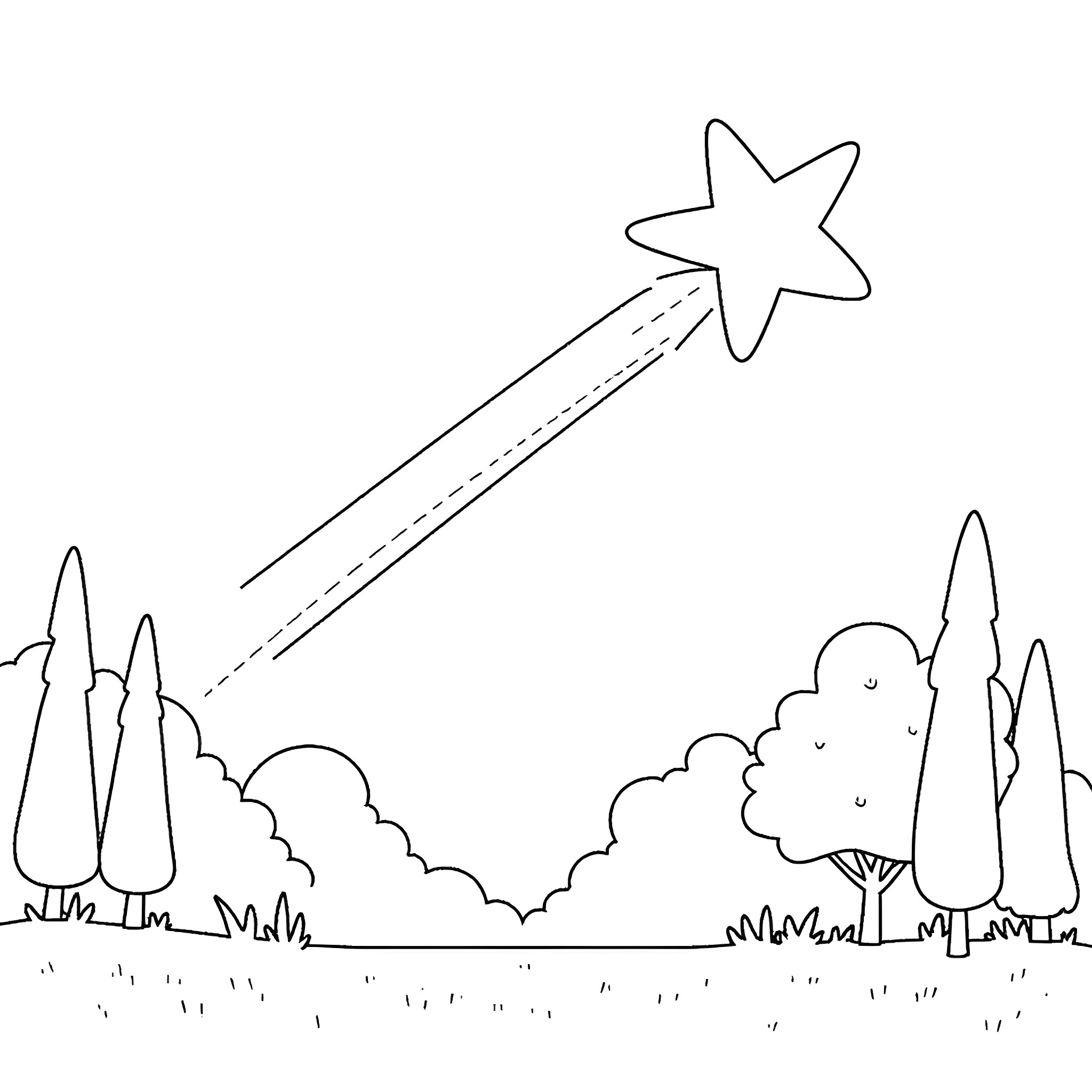 Shooting Star in the Night Sky Coloring Page (free black-and-white line drawing printable PDF for all, from beginners to advanced learners, including children, teens, adults, and seniors)