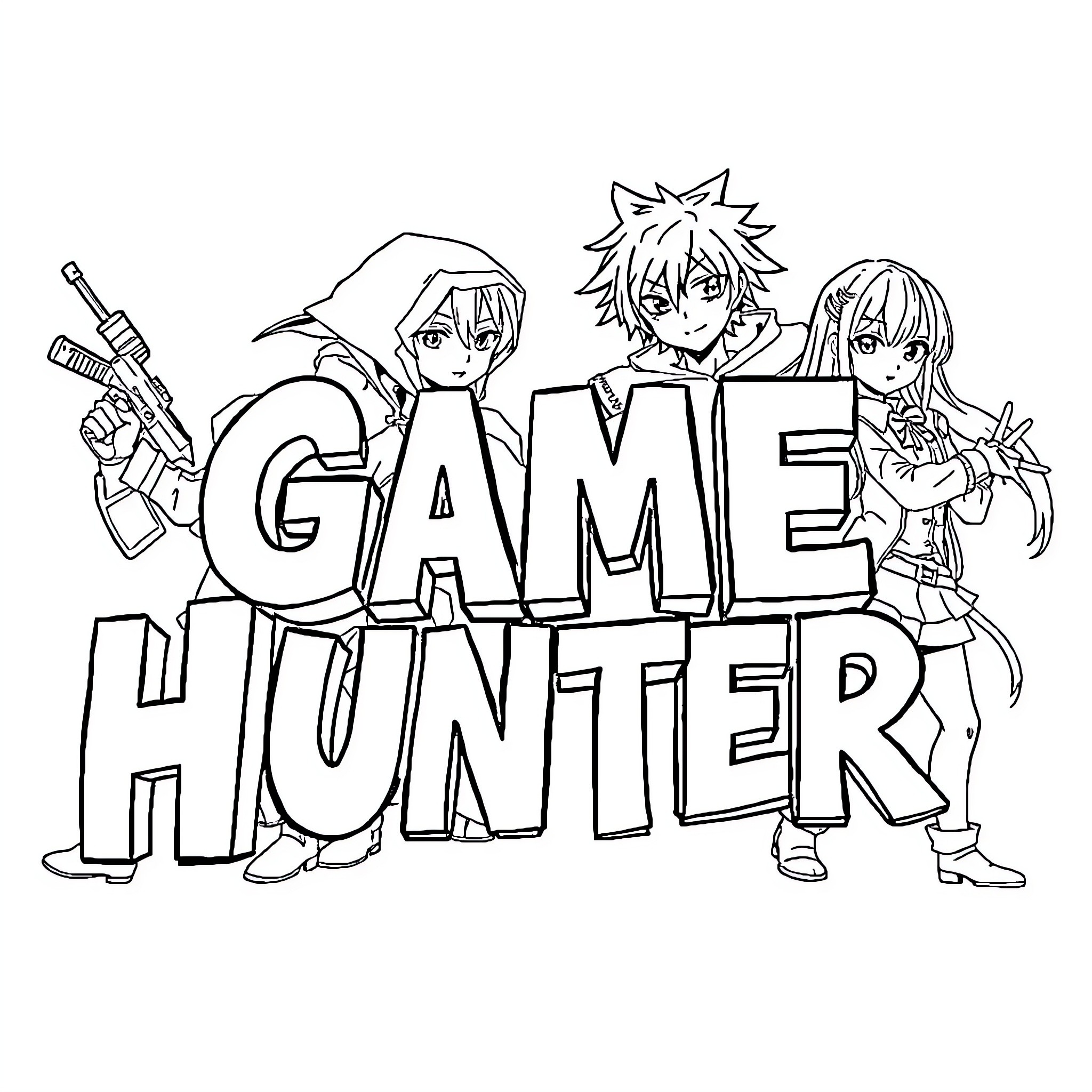 Anime Character Gamers with Weapons and Expressions Coloring Page (free black-and-white line drawing printable PDF for all, from beginners to advanced learners, including children, teens, adults, and seniors)