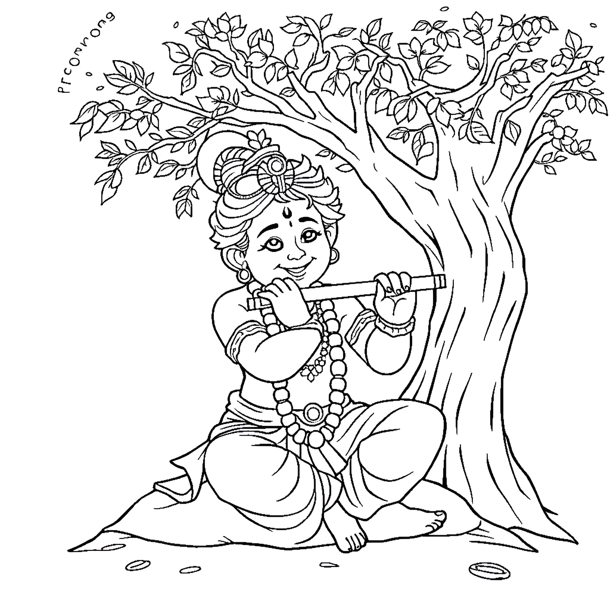 Krishna playing with flute under the tree Coloring Page (free black-and-white line drawing printable PDF for all, from beginners to advanced learners, including children, teens, adults, and seniors)