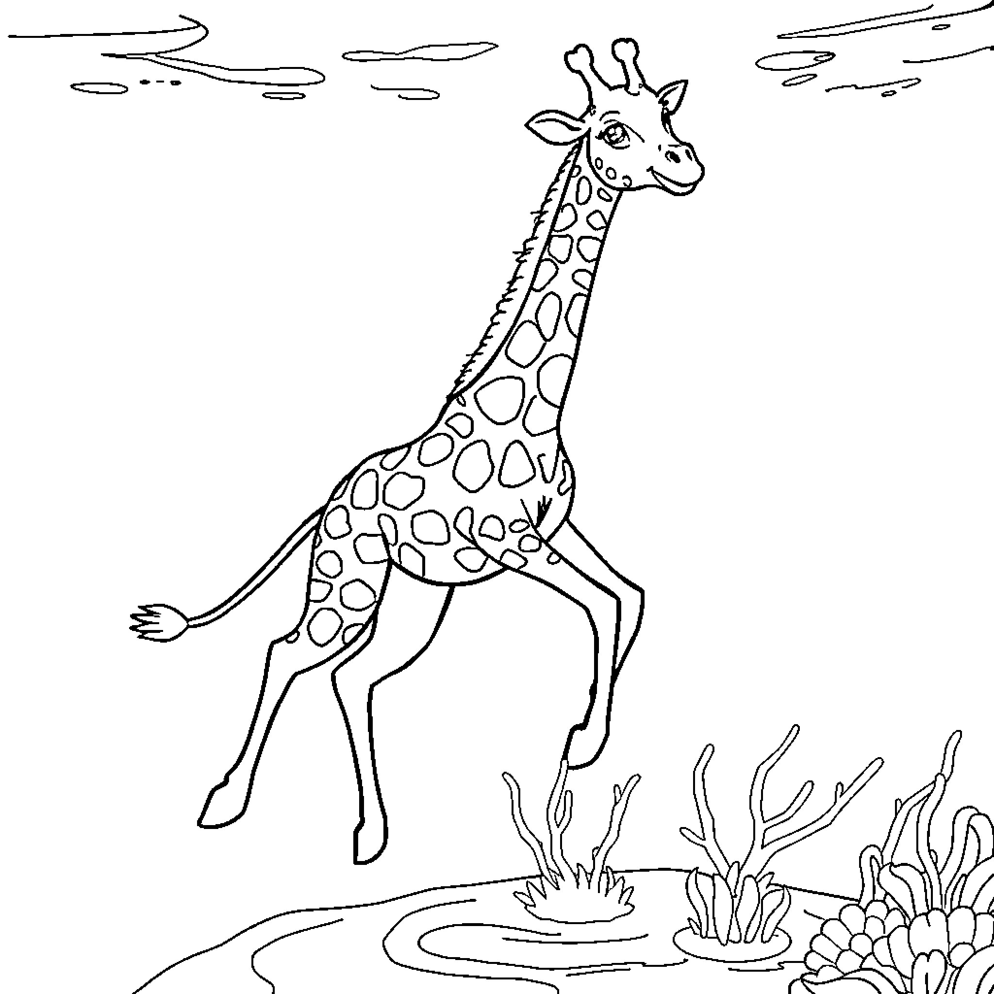 Giraffe exploring the savanna landscape Coloring Page (free black-and-white line drawing printable PDF for all, from beginners to advanced learners, including children, teens, adults, and seniors)